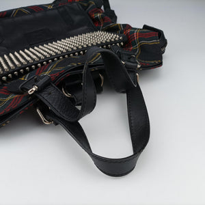 Pre-owned Christian Louboutin Syd Spiked Red Tartan × Black Canvas/Velvet × Calfskin  backpack/rucksack | stylenewstar