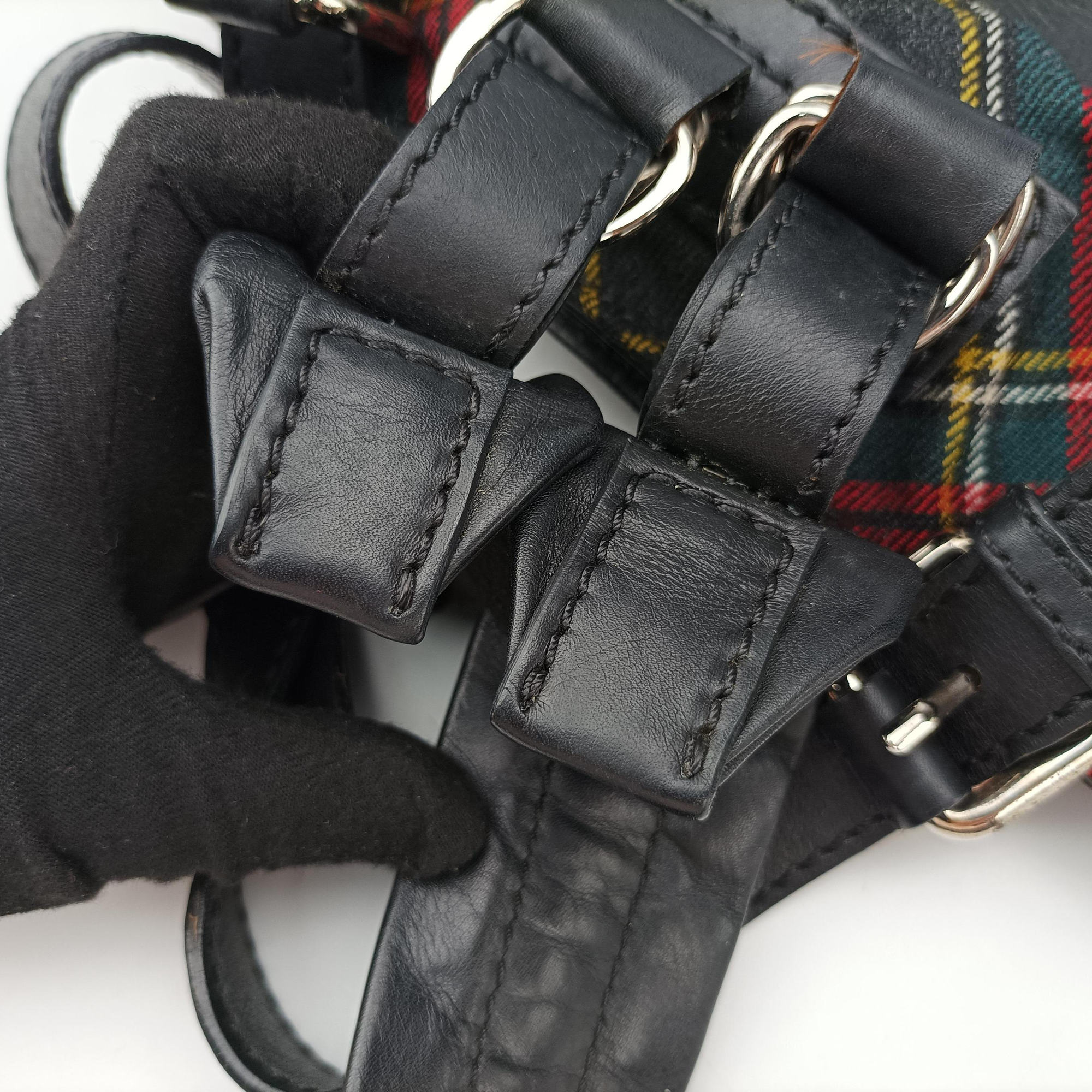 Pre-owned Christian Louboutin Syd Spiked Red Tartan × Black Canvas/Velvet × Calfskin  backpack/rucksack | stylenewstar