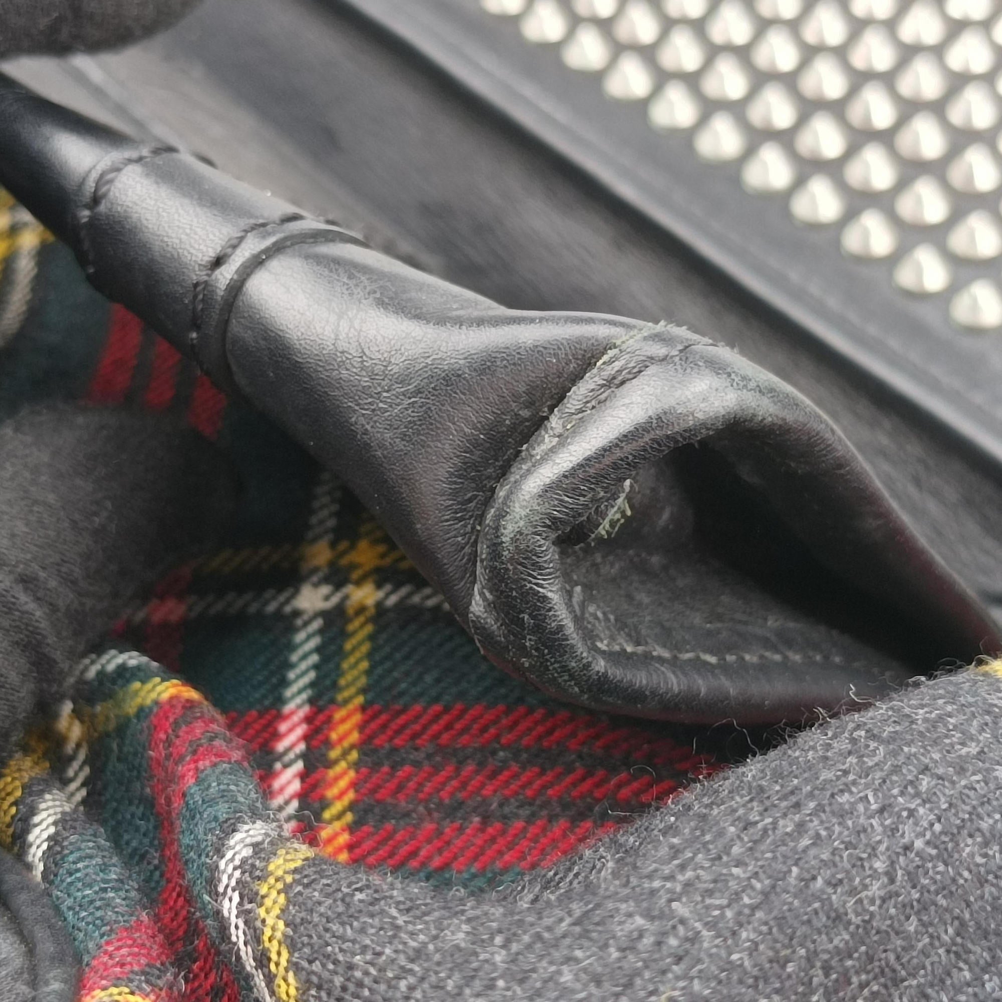 Pre-owned Christian Louboutin Syd Spiked Red Tartan × Black Canvas/Velvet × Calfskin  backpack/rucksack | stylenewstar