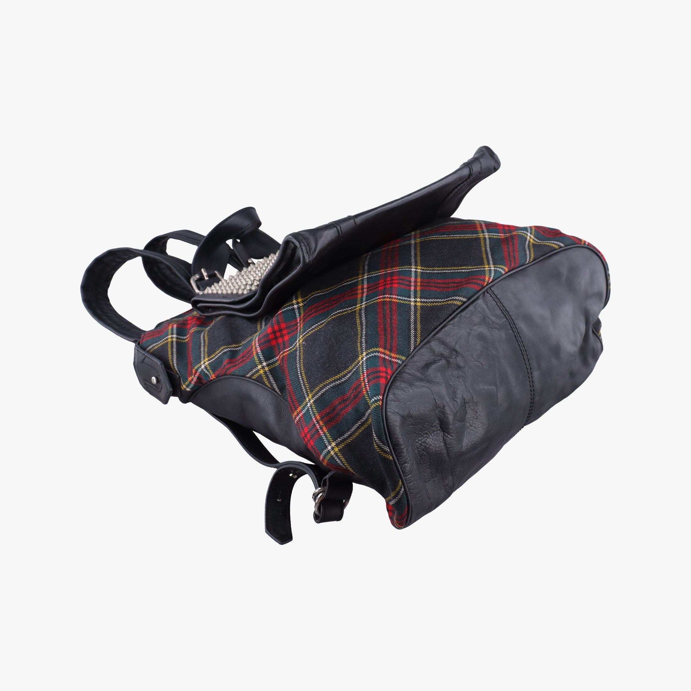 Pre-owned Christian Louboutin Syd Spiked Red Tartan × Black Canvas/Velvet × Calfskin  backpack/rucksack | stylenewstar
