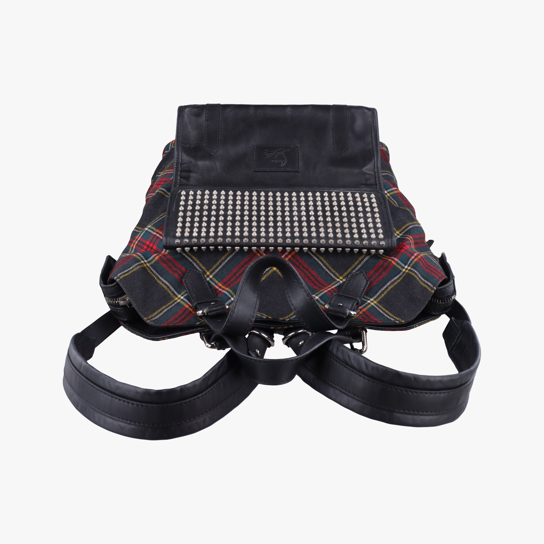 Pre-owned Christian Louboutin Syd Spiked Red Tartan × Black Canvas/Velvet × Calfskin  backpack/rucksack | stylenewstar
