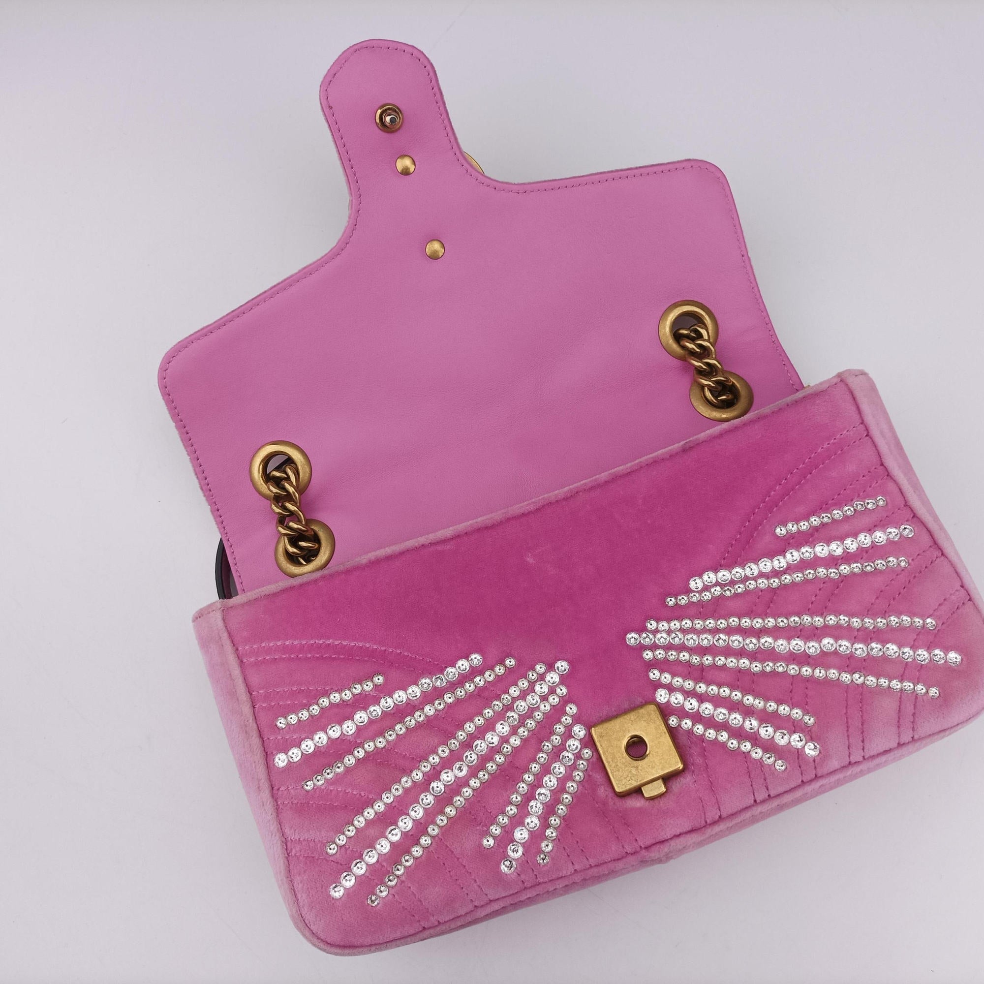Pre-owned Gucci GG Marmont Pink velour 443497 shoulderbag | stylenewstar