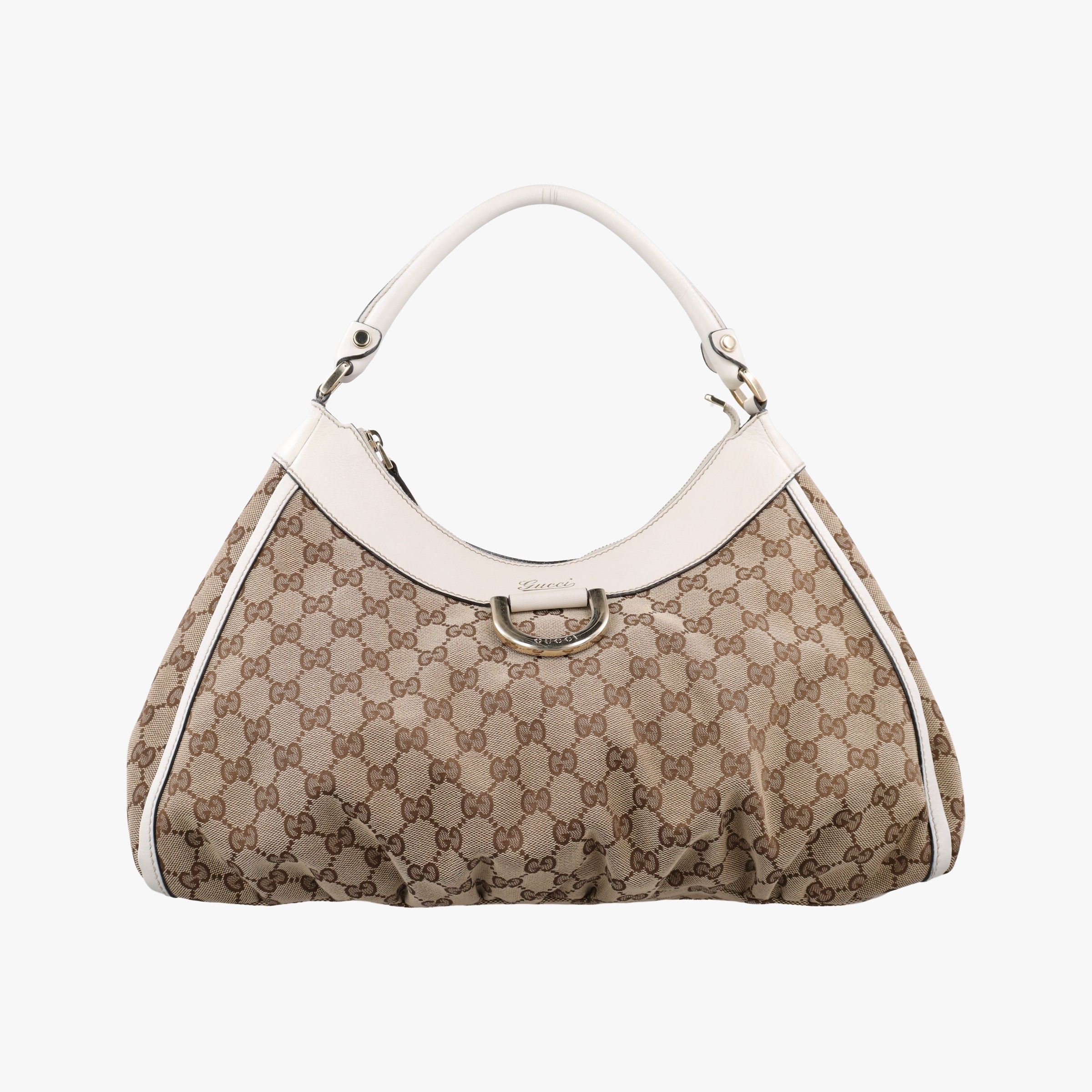 Pre-owned Gucci Abbey D-ring Hobo Beige×White canvas×leather 189833 handbag | stylenewstar