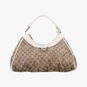 Pre-owned Gucci Abbey D-ring Hobo Beige×White canvas×leather 189833 handbag | stylenewstar