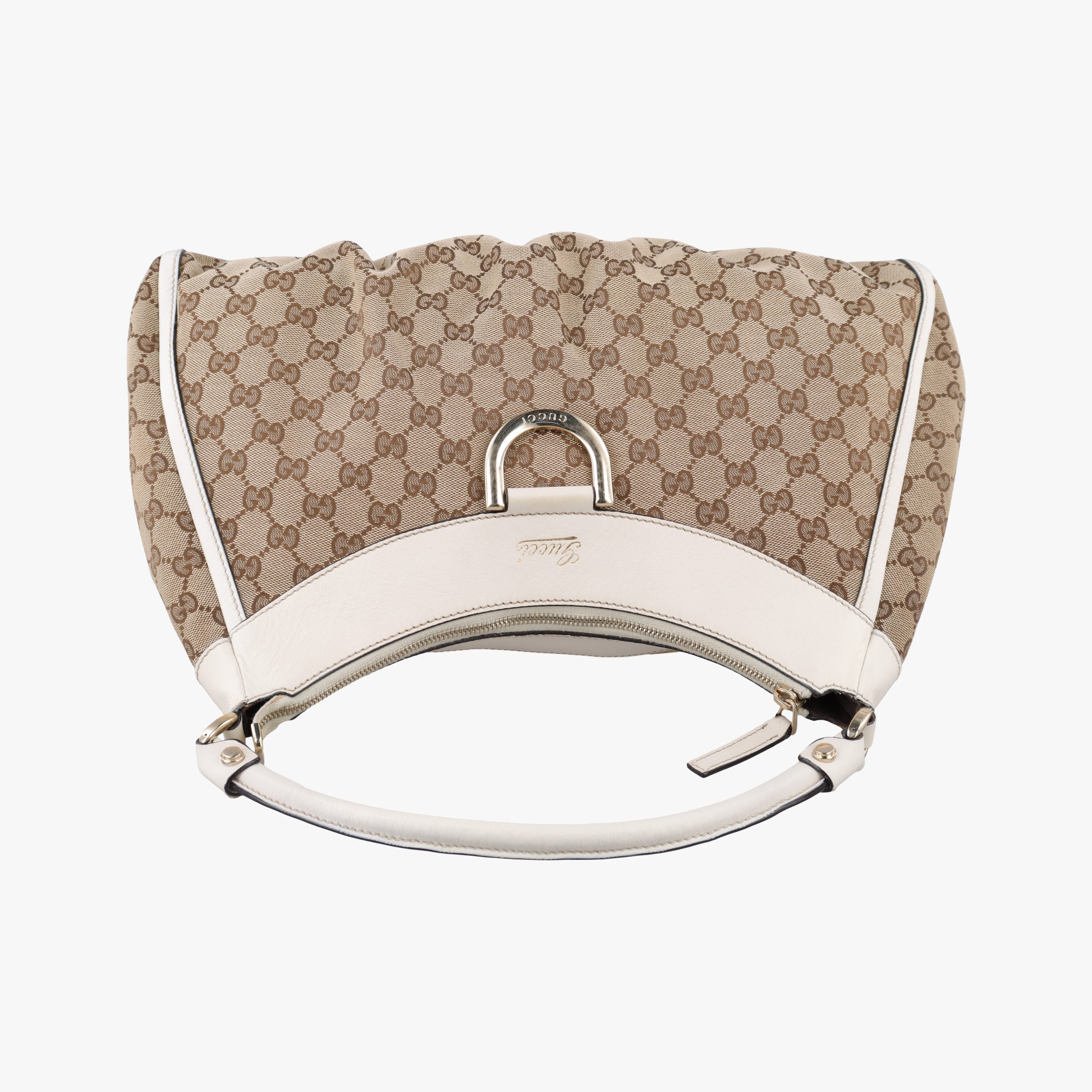 Pre-owned Gucci Abbey D-ring Hobo Beige×White canvas×leather 189833 handbag | stylenewstar