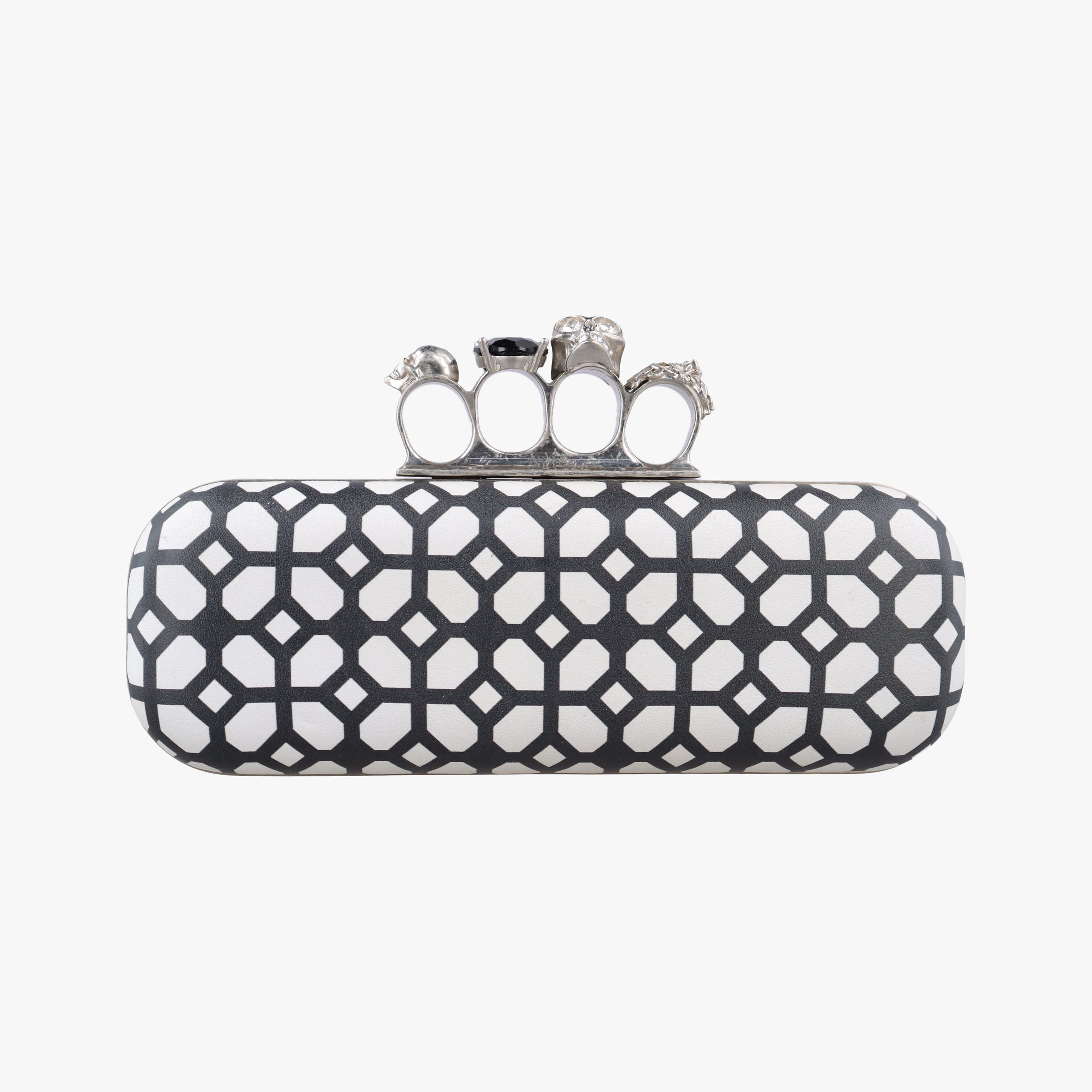 Pre-owned Alexander McQueen Four Ring White × Black Leather  clutchbag | stylenewstar