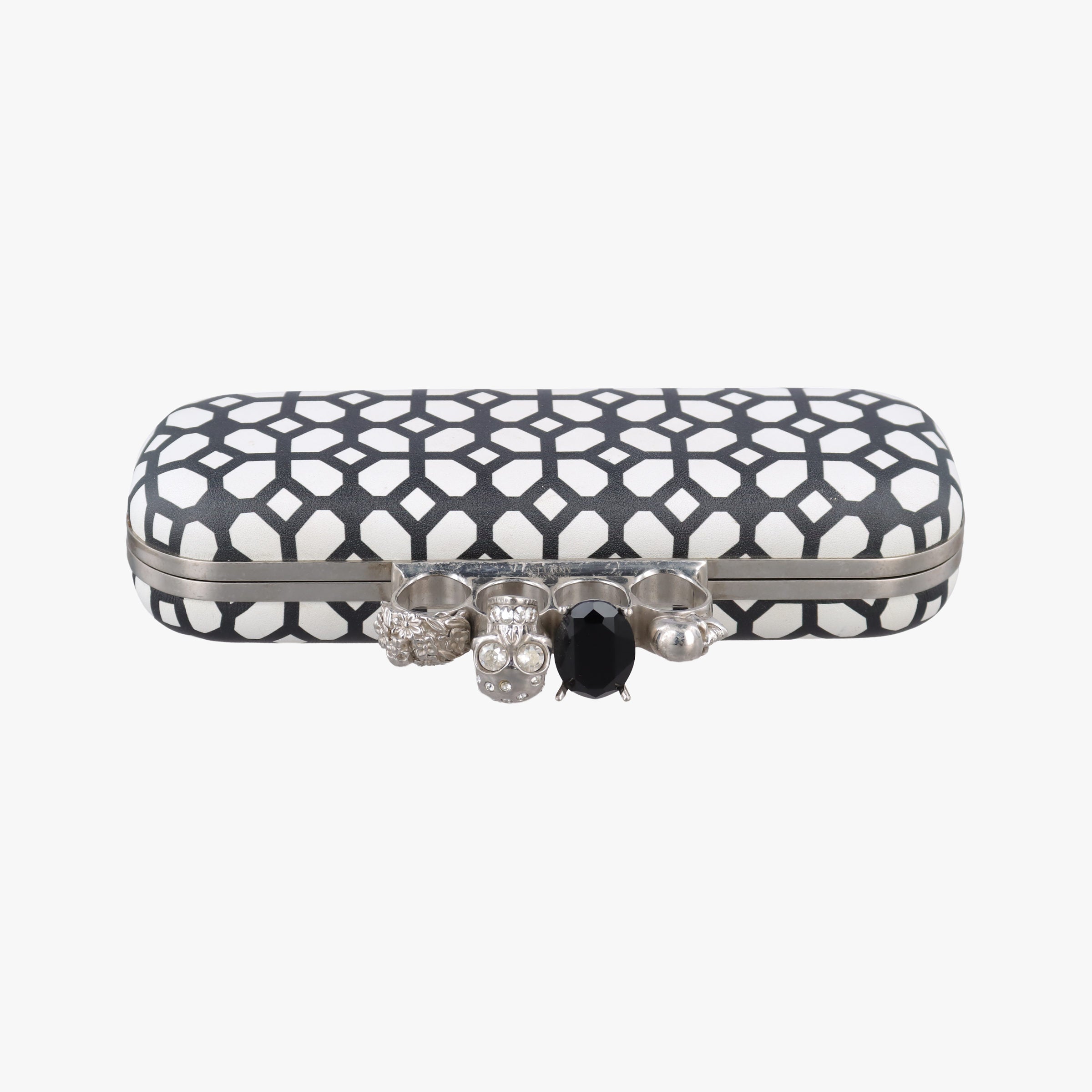 Pre-owned Alexander McQueen Four Ring White × Black Leather  clutchbag | stylenewstar