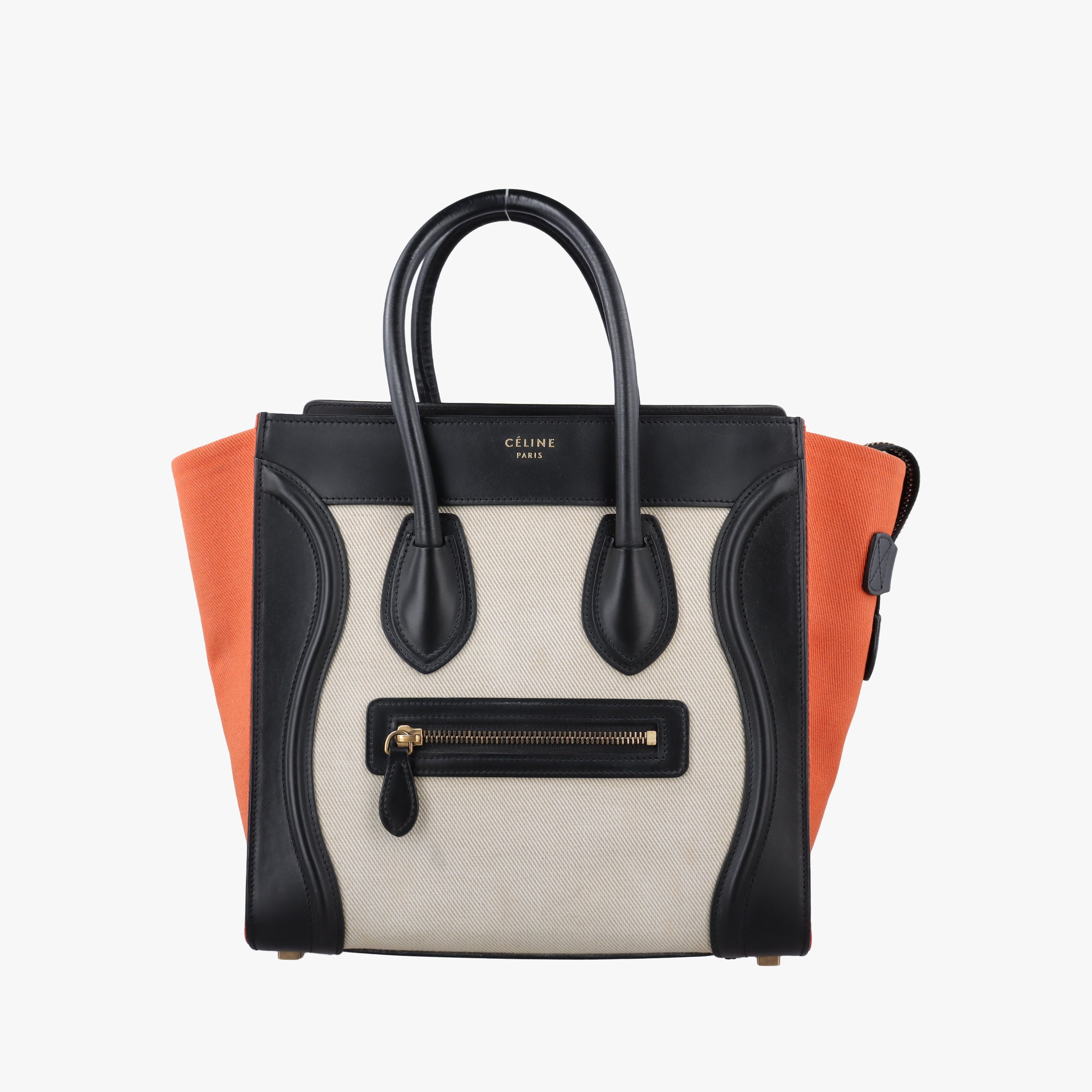 Pre-owned Celine Luggage Micro shopper Black × Ivory × Orange Canvas × Leather  handbag | stylenewstar