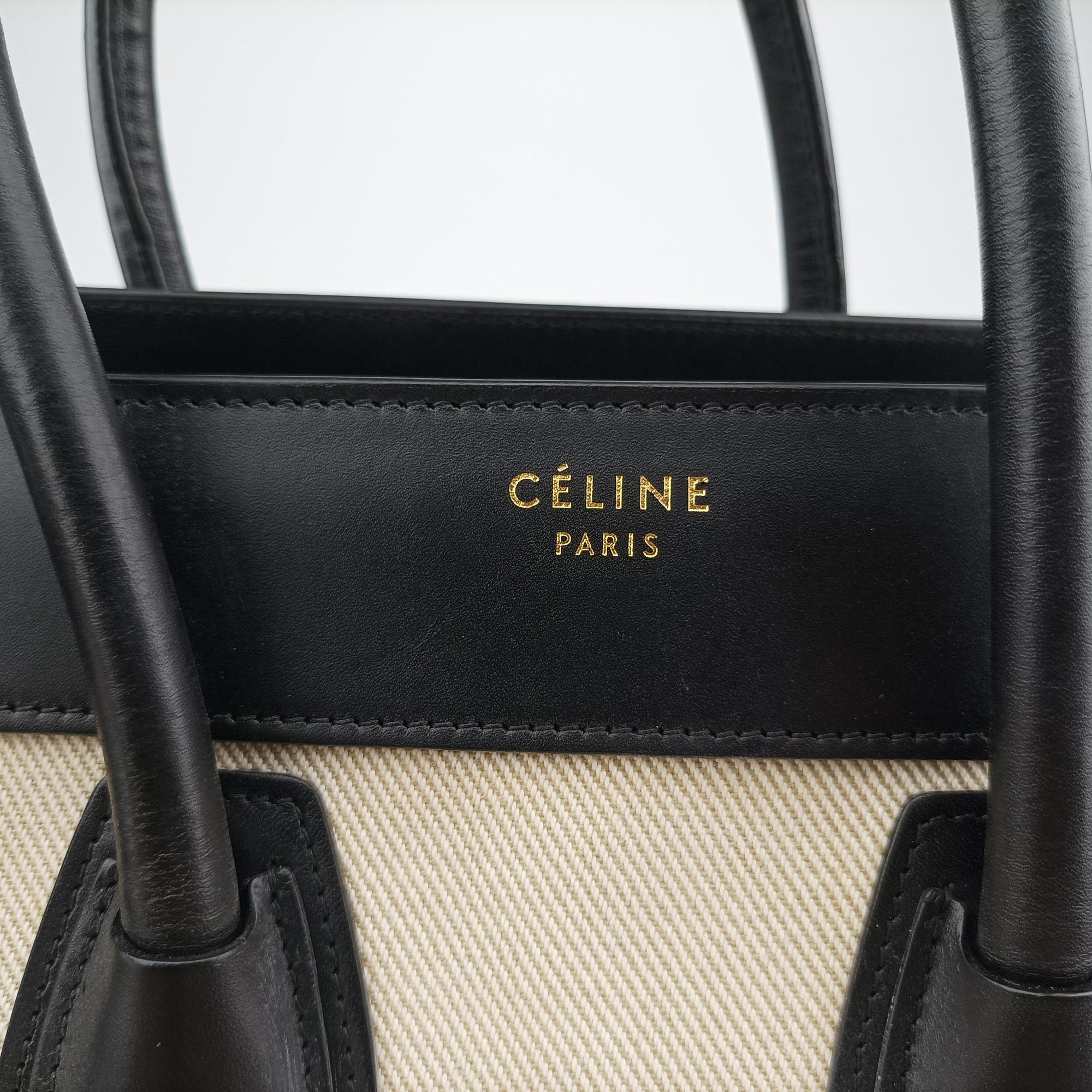 Pre-owned Celine Luggage Micro shopper Black × Ivory × Orange Canvas × Leather  handbag | stylenewstar
