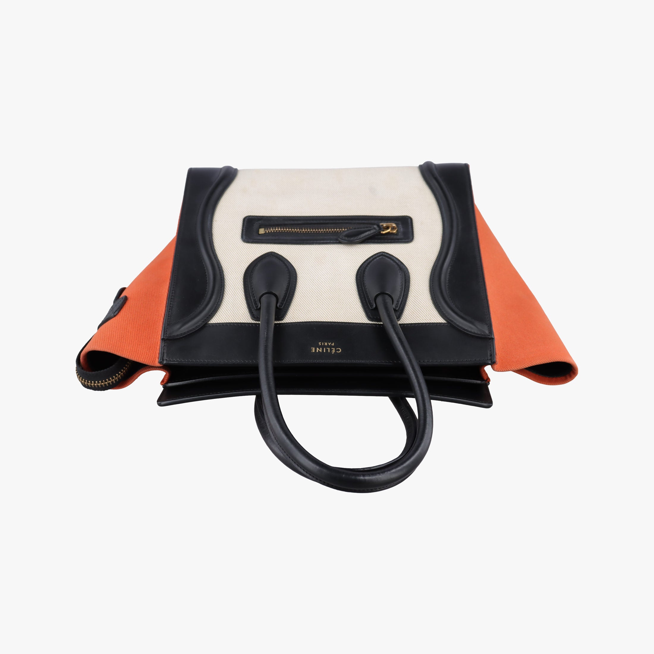 Pre-owned Celine Luggage Micro shopper Black × Ivory × Orange Canvas × Leather  handbag | stylenewstar