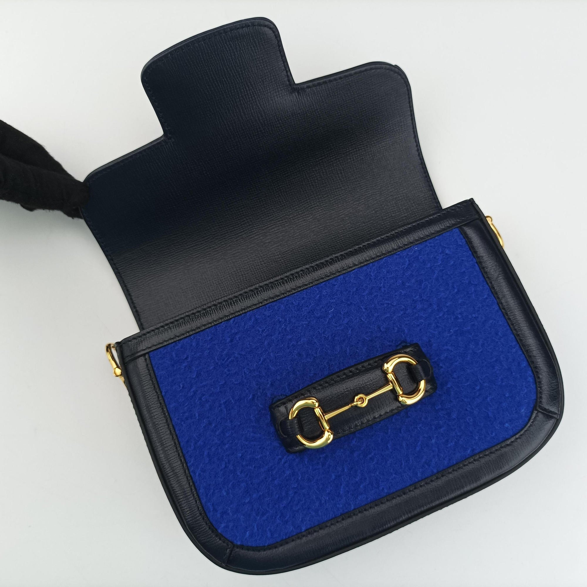 Pre-owned Gucci Horsebit 1955 Blue× Navy Tweed×Leather 658574 shoulderbag | stylenewstar