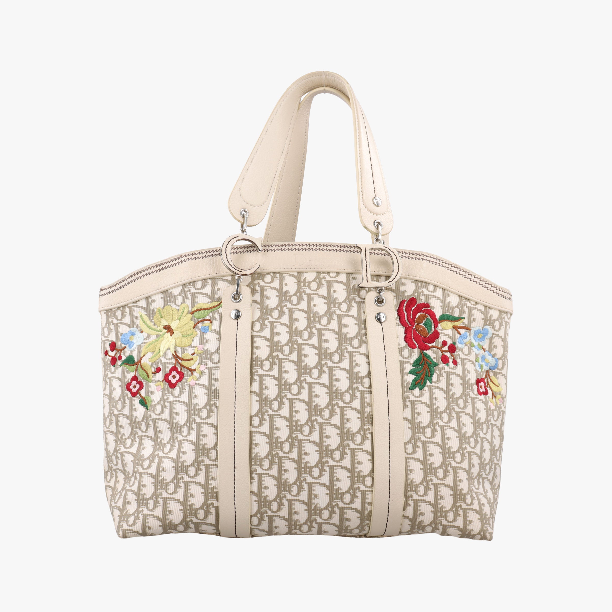 Pre-owned Christian Dior Trotter Flower Line White x Beige x Multicolor Canvas × Leather  handbag | stylenewstar
