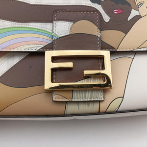 Pre-owned Fendi BAGUETTE White × Multicolor Coated Canvas × Leather 8BR600 shoulderbag | stylenewstar