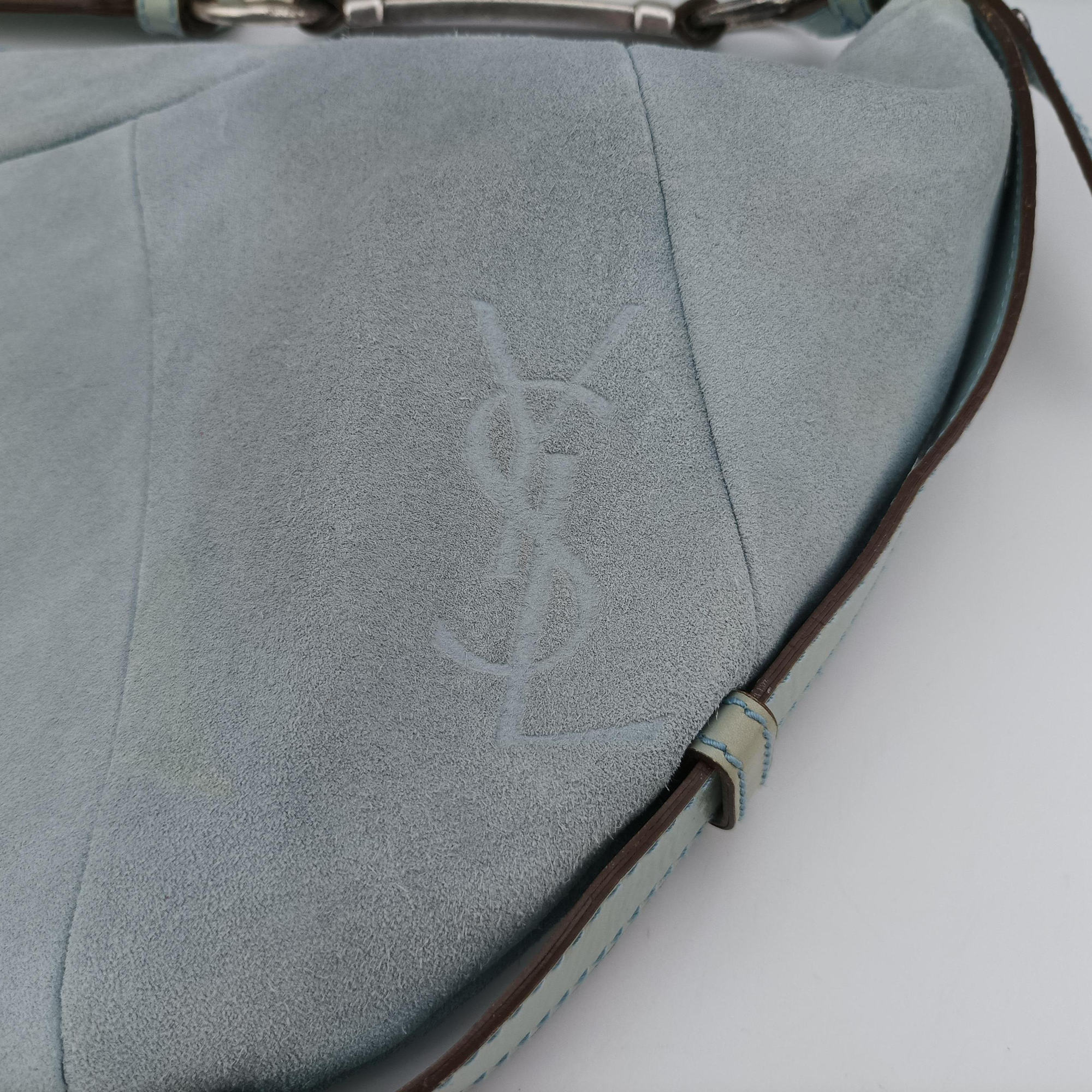 Vintage Yves Saint Laurent Rive Gauche Mombasa Light Blue Suede 205118 shoulderbag | stylenewstar