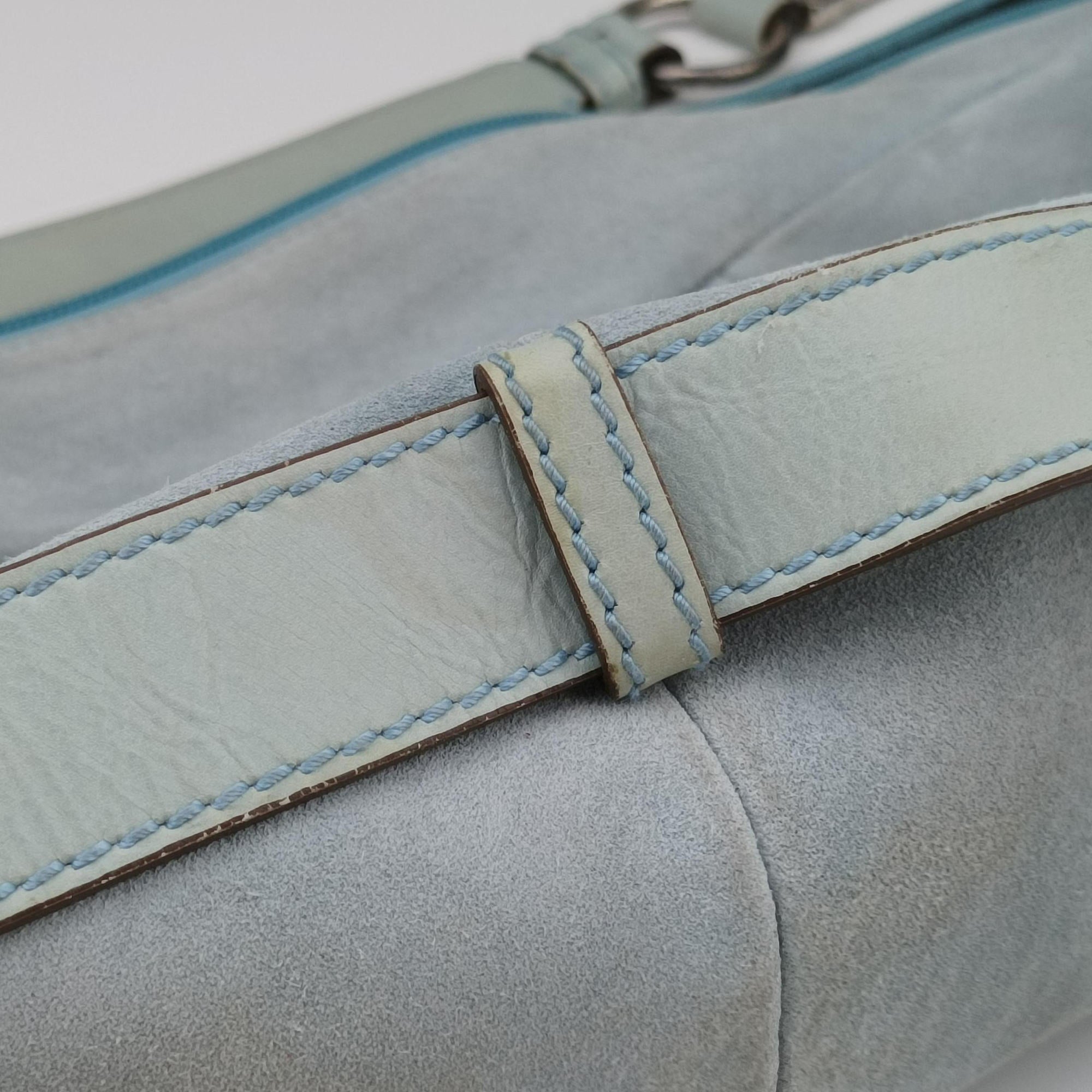Vintage Yves Saint Laurent Rive Gauche Mombasa Light Blue Suede 205118 shoulderbag | stylenewstar