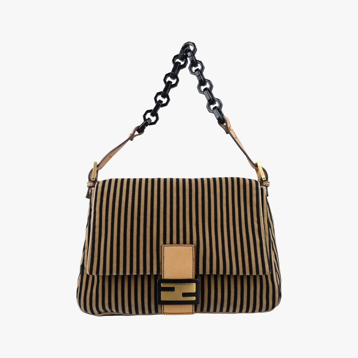 Pre-owned Fendi Mama Baguette Pequin Brown Velvet 8BR001 shoulderbag | stylenewstar
