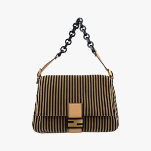 Pre-owned Fendi Mama Baguette Pequin Brown Velvet 8BR001 shoulderbag | stylenewstar