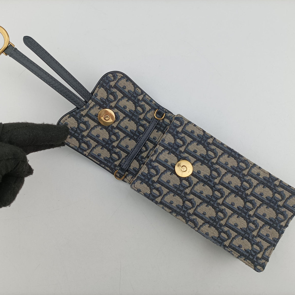 Pre-owned Christian Dior Saddle Phone holder Navy jacquard×Leather  shoulderbag | stylenewstar