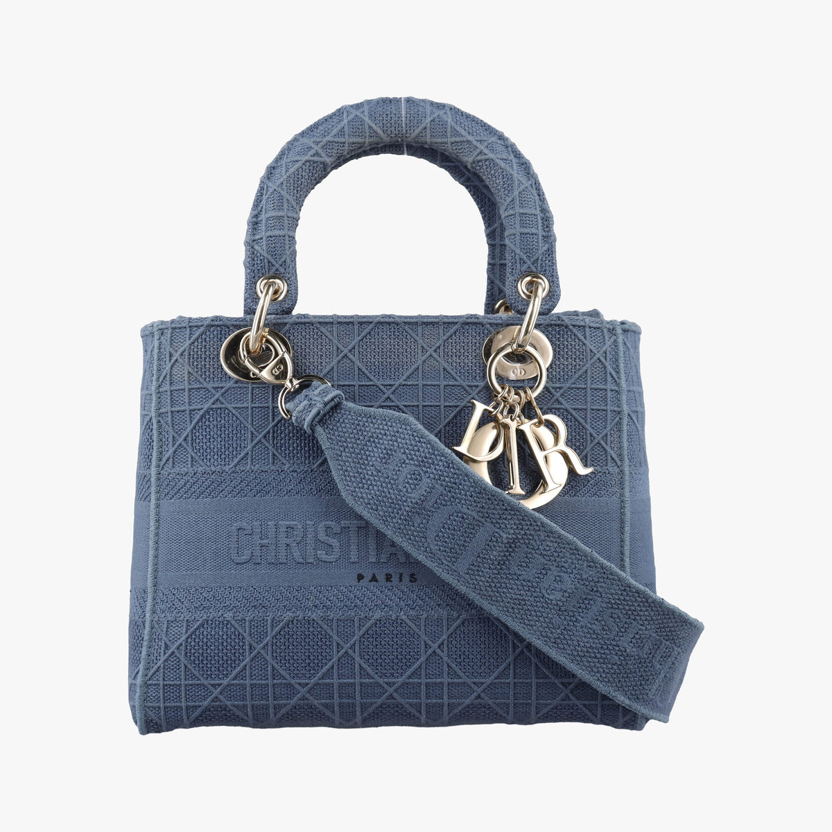Pre-owned Christian Dior Lady Dior D-lite Blue Jacquard  shoulderbag | stylenewstar