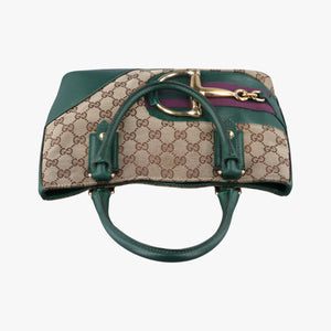 Pre-owned Gucci Horsebit Hasler Green × Brown GGCanvas×Leather 137475 handbag | stylenewstar