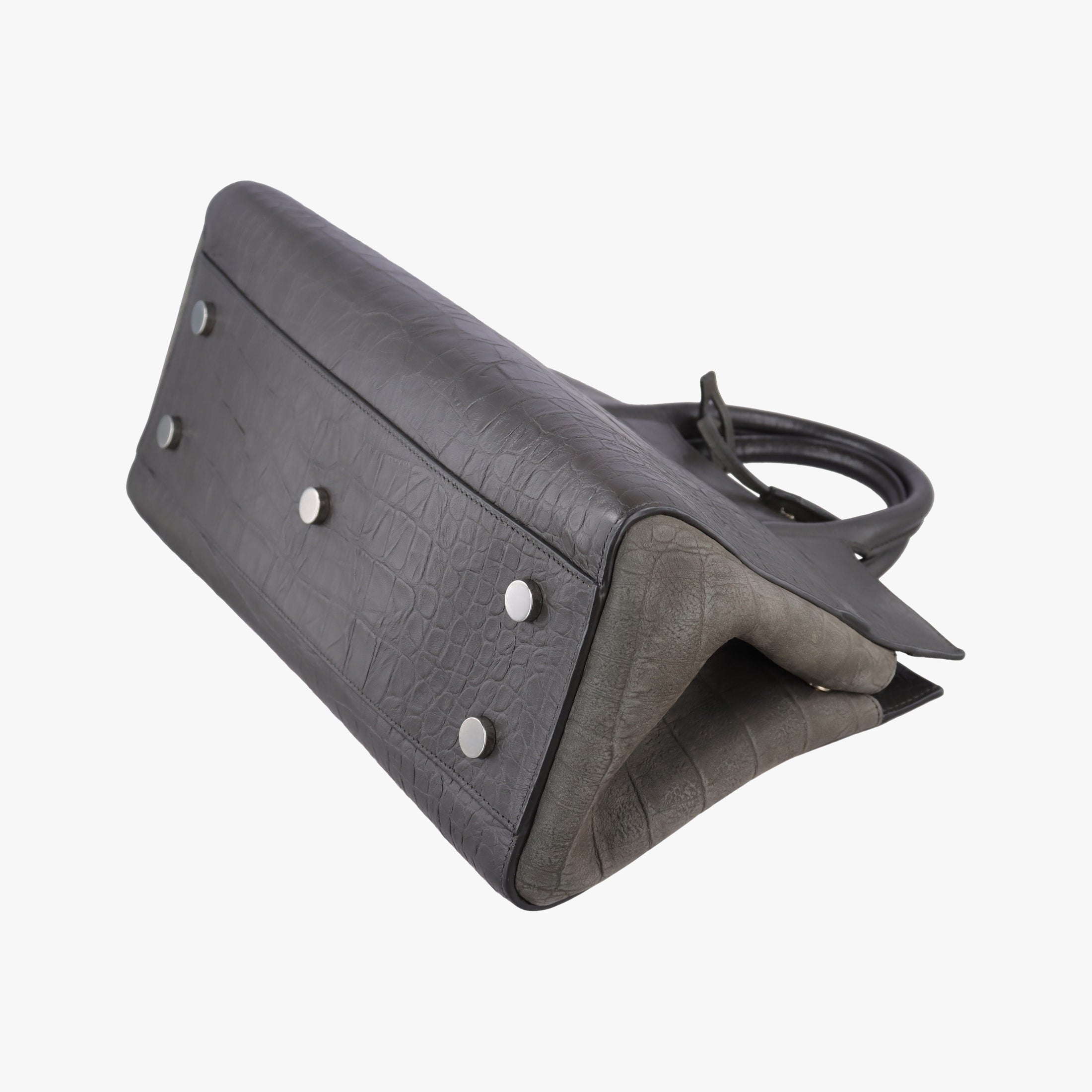 Pre-owned Yves Saint Laurent Cabas Rive Gauche Dark Gray Crocodile Embossed Calfskin Leather 400413 shoulderbag | stylenewstar