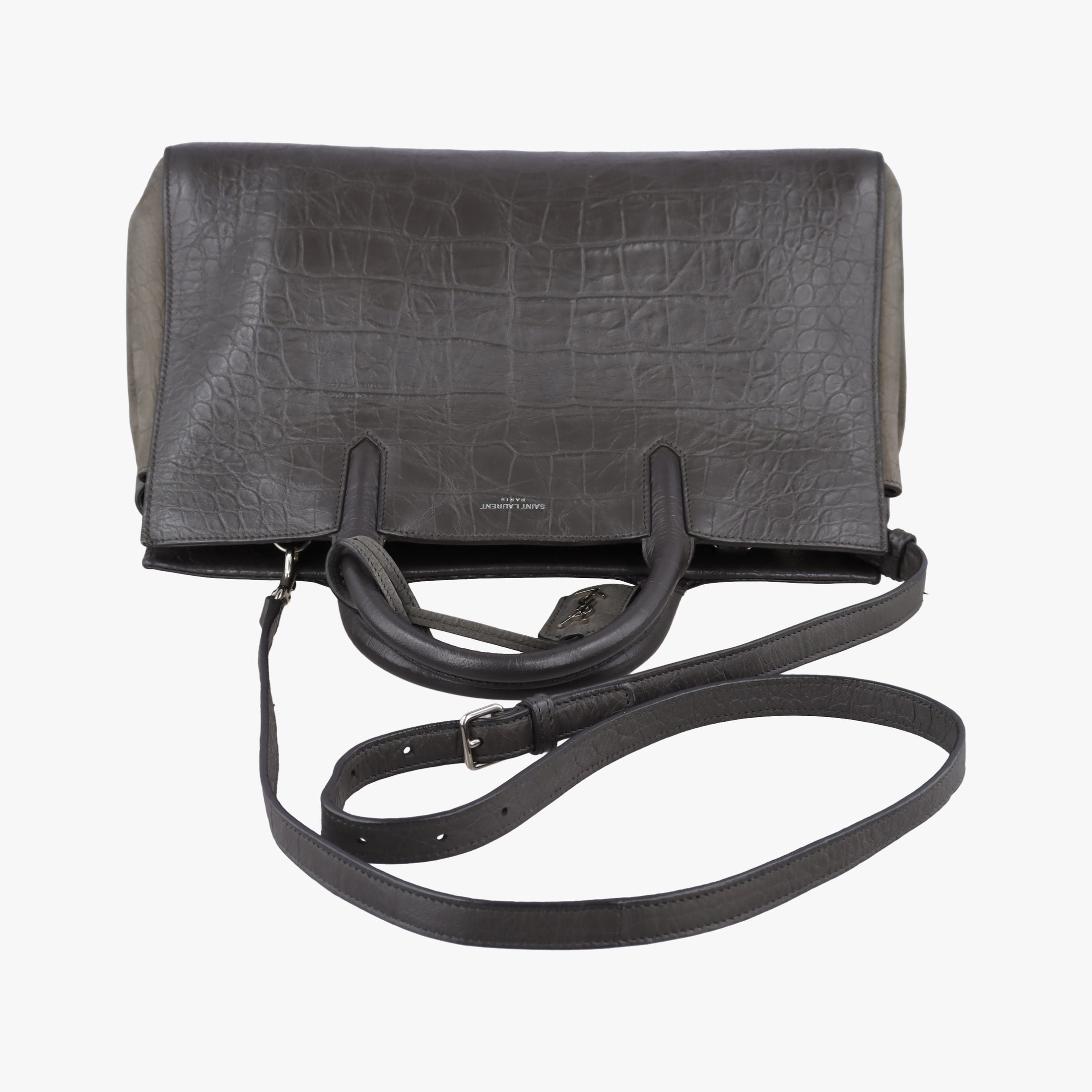 Pre-owned Yves Saint Laurent Cabas Rive Gauche Dark Gray Crocodile Embossed Calfskin Leather 400413 shoulderbag | stylenewstar