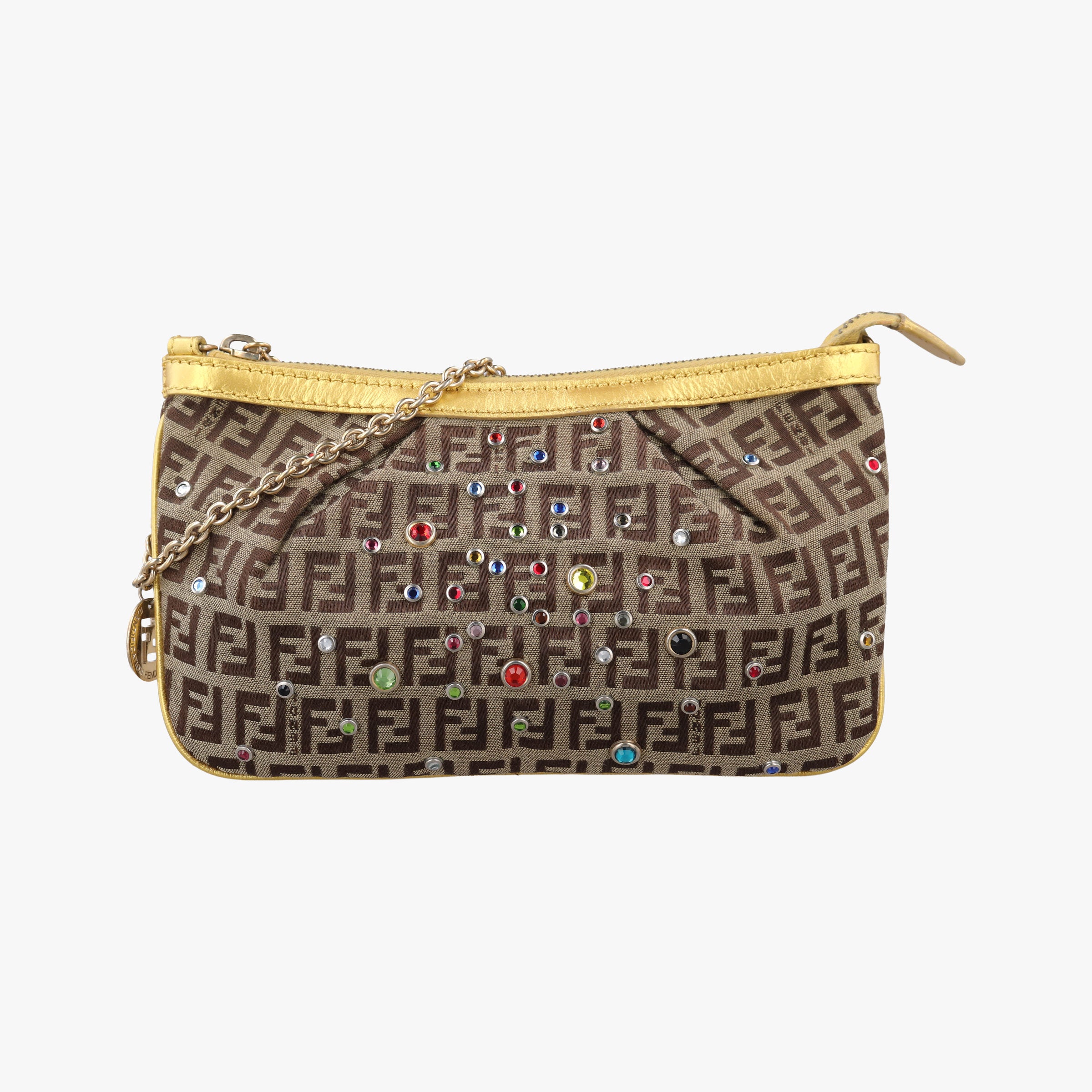 Pre-owned Fendi Zucchino Studded Tobacco Brown × Gold fabric 8BR594 handbag | stylenewstar
