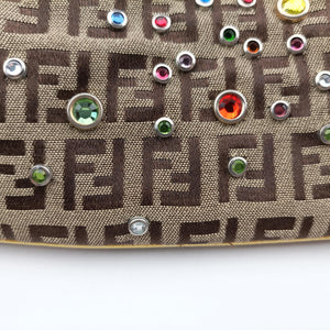 Pre-owned Fendi Zucchino Studded Tobacco Brown × Gold fabric 8BR594 handbag | stylenewstar