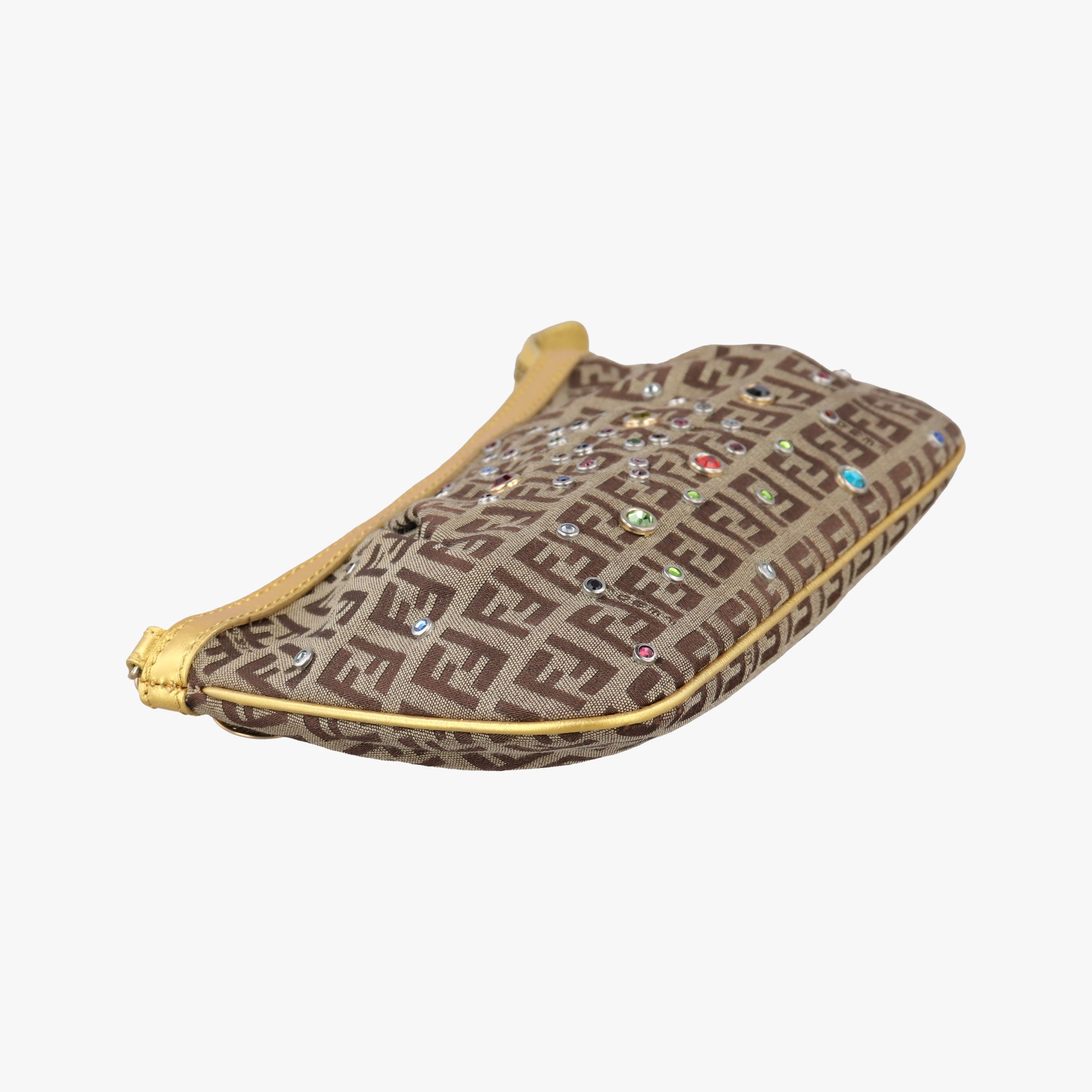 Pre-owned Fendi Zucchino Studded Tobacco Brown × Gold fabric 8BR594 handbag | stylenewstar