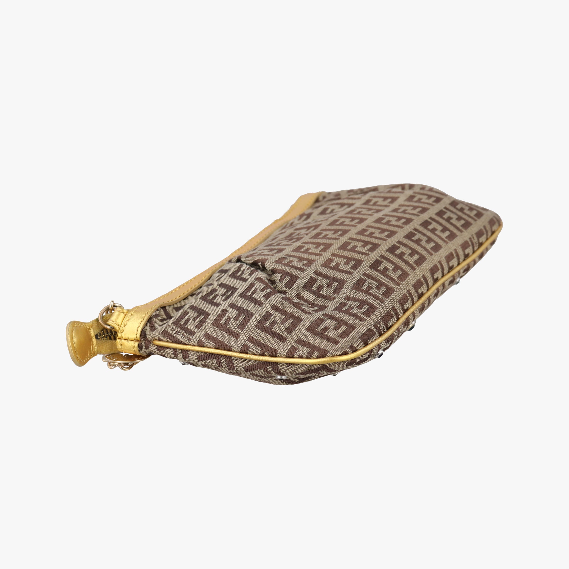 Pre-owned Fendi Zucchino Studded Tobacco Brown × Gold fabric 8BR594 handbag | stylenewstar