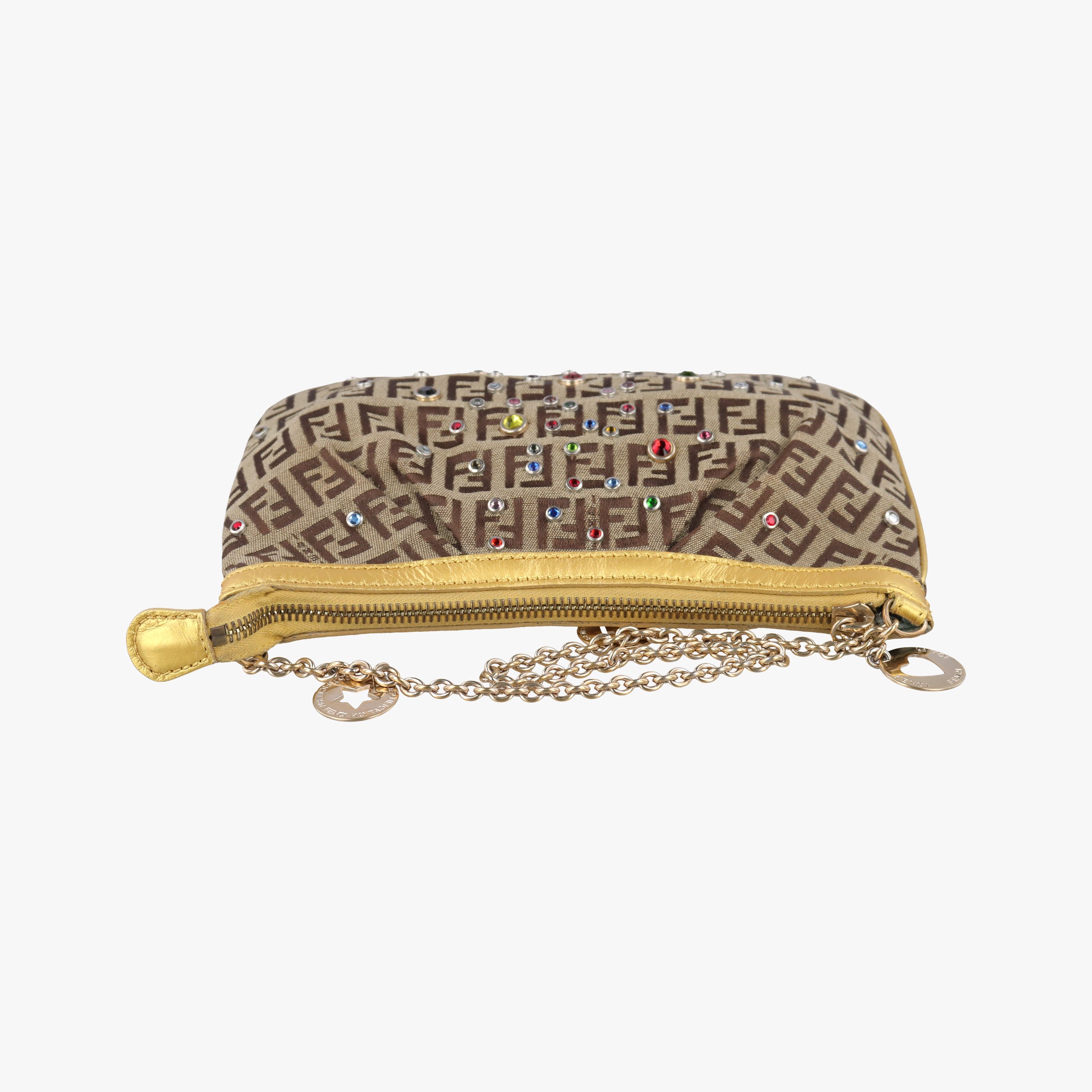 Pre-owned Fendi Zucchino Studded Tobacco Brown × Gold fabric 8BR594 handbag | stylenewstar