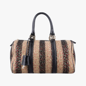 Pre-owned Fendi Forever Bauletto Black Sequin-embellished wool striped fabric × patent 8BL098 handbag | stylenewstar