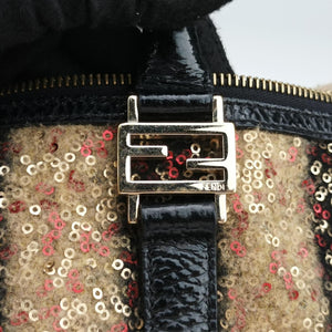 Pre-owned Fendi Forever Bauletto Black Sequin-embellished wool striped fabric × patent 8BL098 handbag | stylenewstar