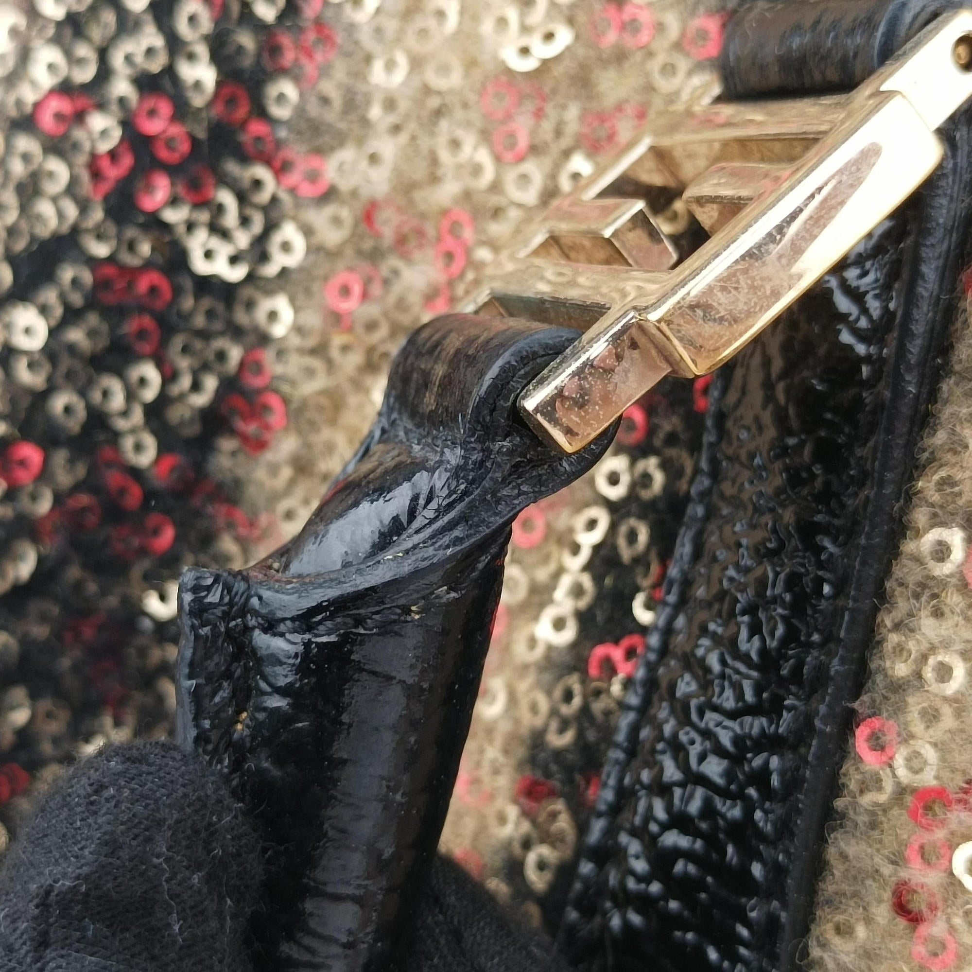 Pre-owned Fendi Forever Bauletto Black Sequin-embellished wool striped fabric × patent 8BL098 handbag | stylenewstar