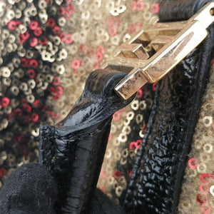 Pre-owned Fendi Forever Bauletto Black Sequin-embellished wool striped fabric × patent 8BL098 handbag | stylenewstar