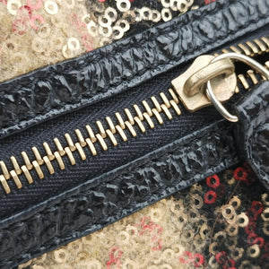 Pre-owned Fendi Forever Bauletto Black Sequin-embellished wool striped fabric × patent 8BL098 handbag | stylenewstar