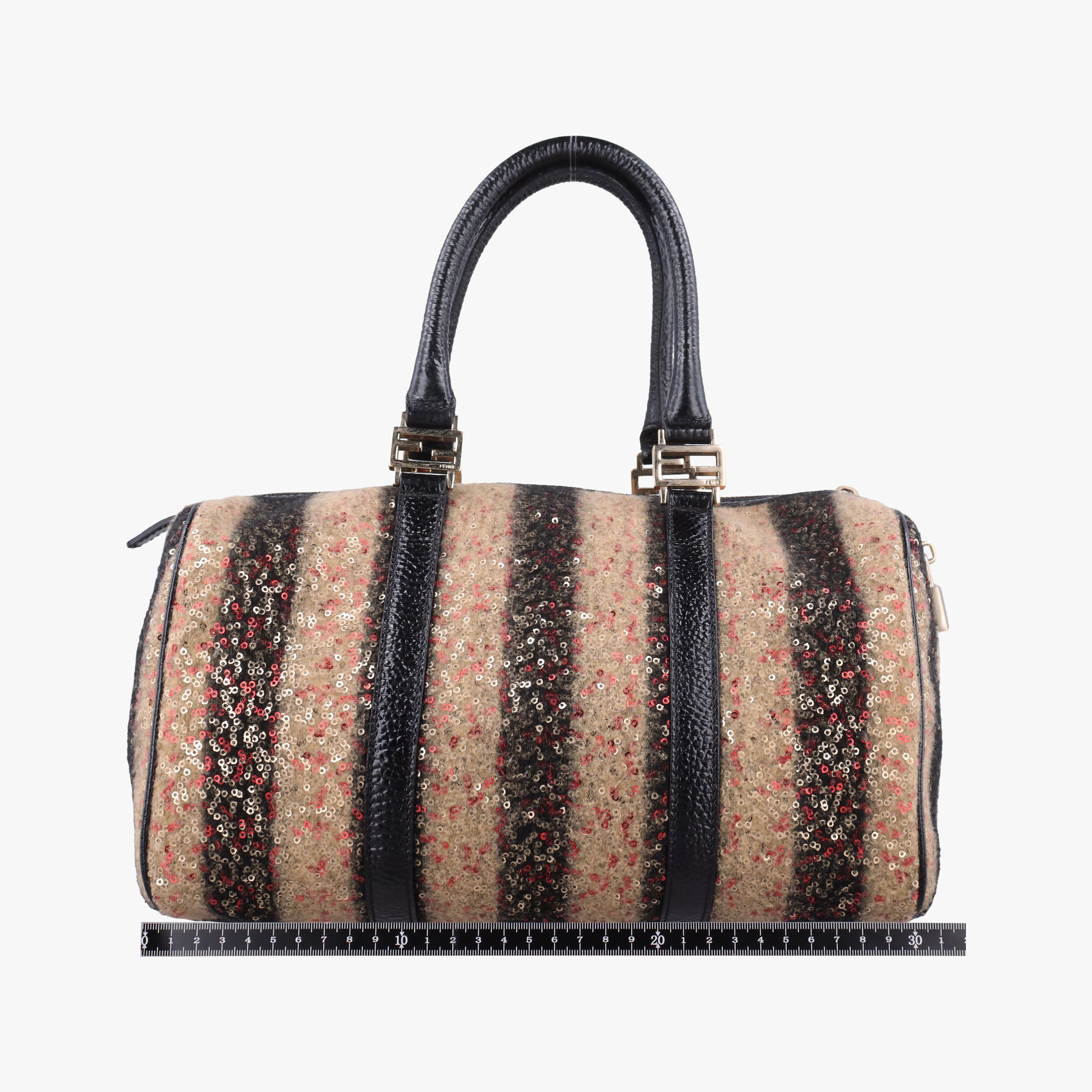 Pre-owned Fendi Forever Bauletto Black Sequin-embellished wool striped fabric × patent 8BL098 handbag | stylenewstar