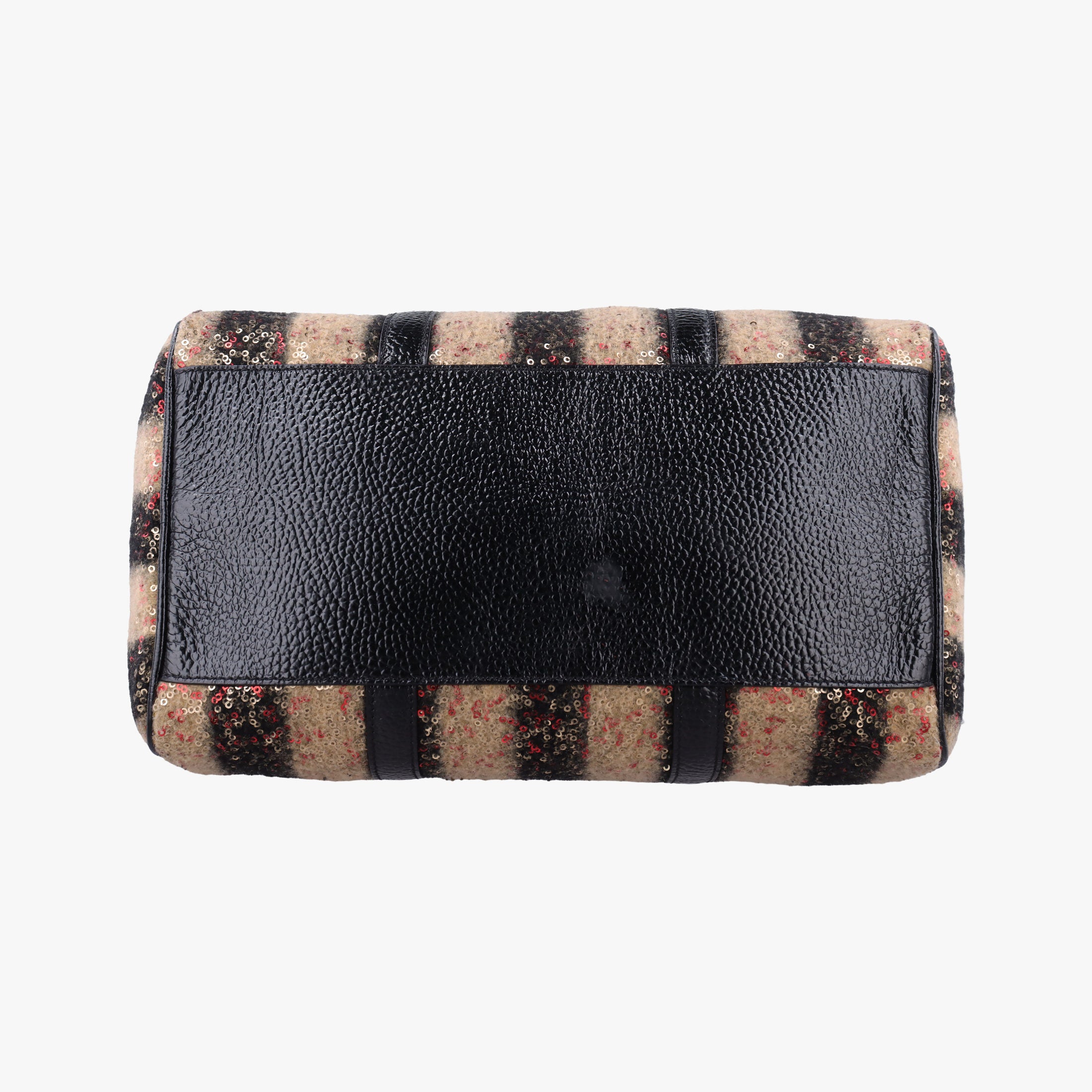 Pre-owned Fendi Forever Bauletto Black Sequin-embellished wool striped fabric × patent 8BL098 handbag | stylenewstar