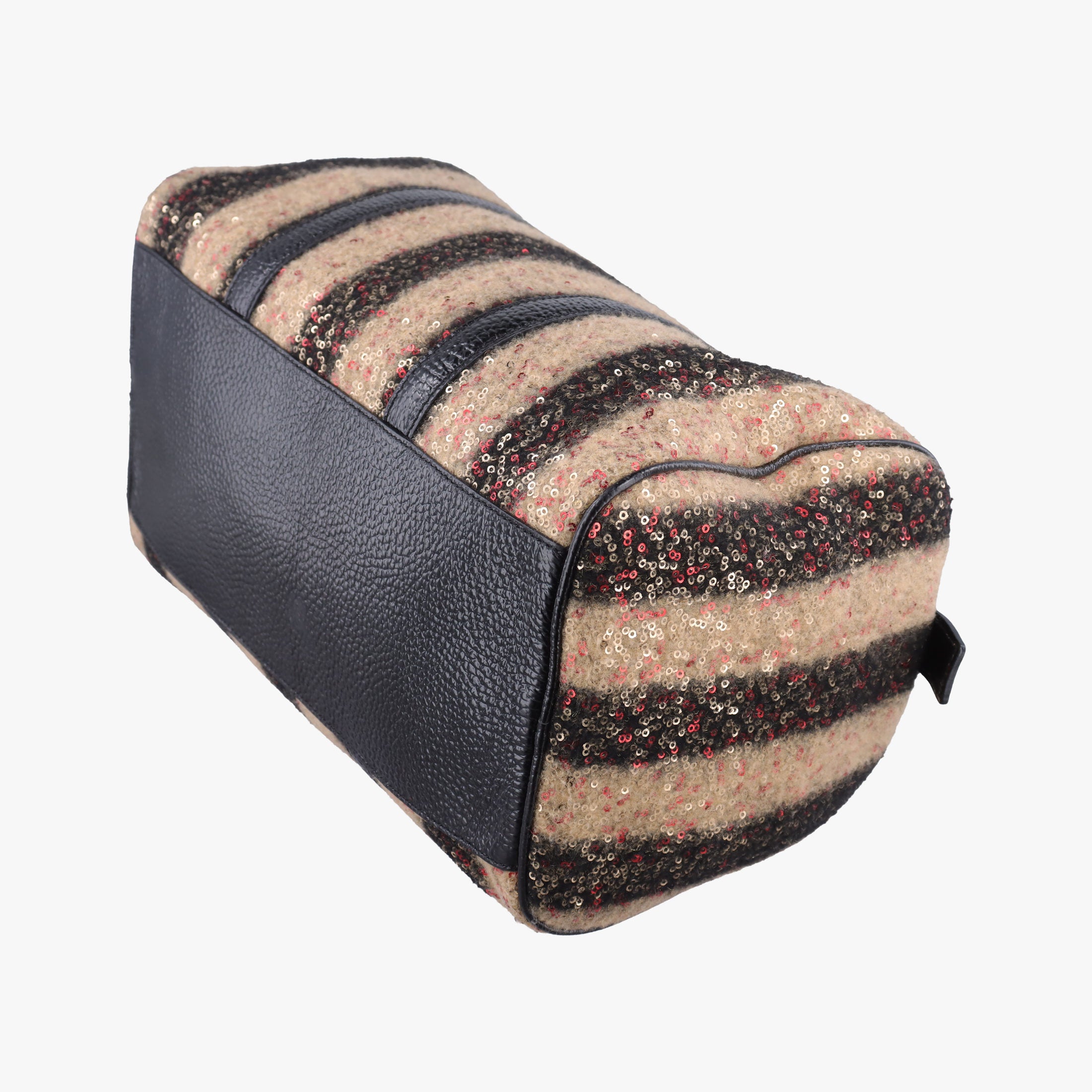 Pre-owned Fendi Forever Bauletto Black Sequin-embellished wool striped fabric × patent 8BL098 handbag | stylenewstar