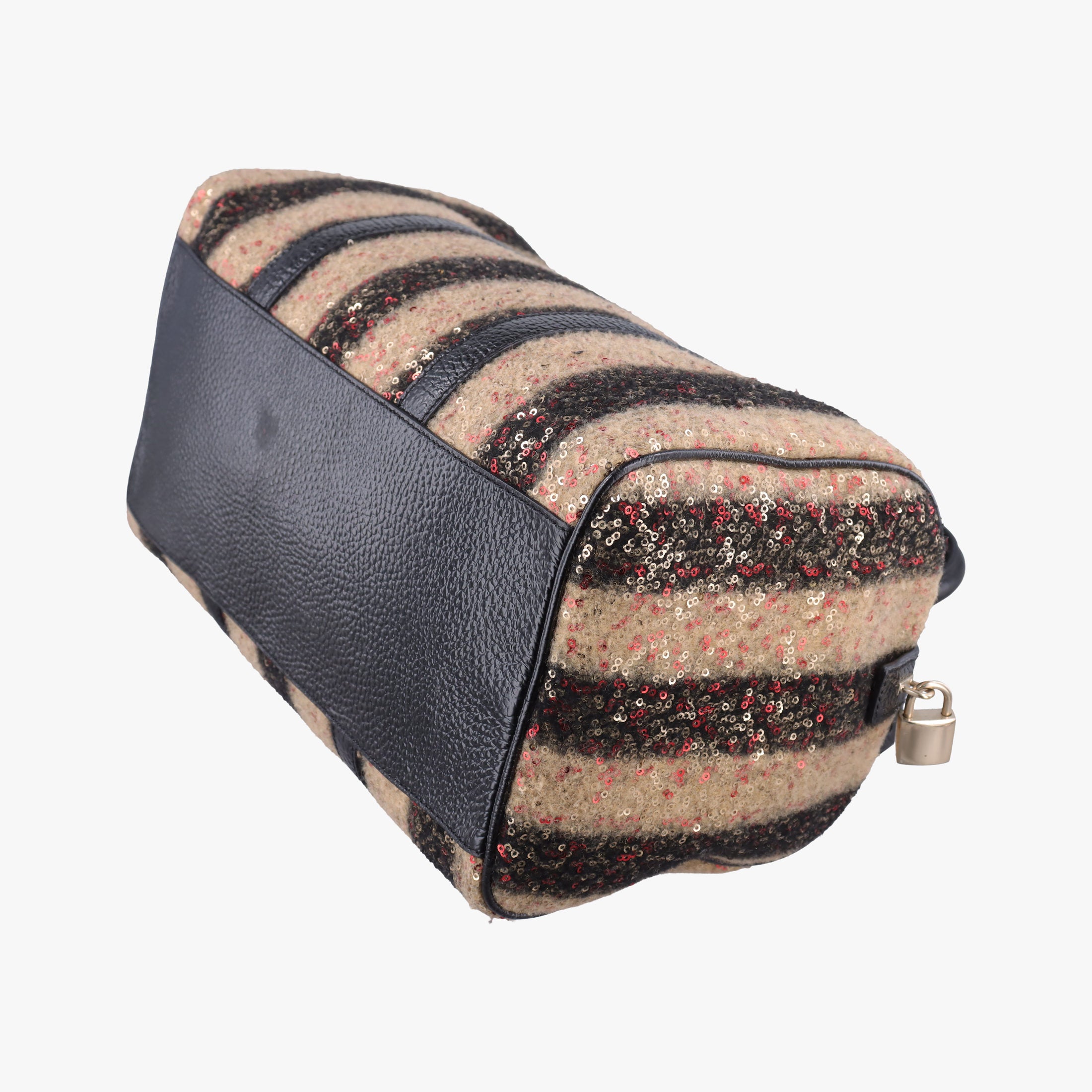 Pre-owned Fendi Forever Bauletto Black Sequin-embellished wool striped fabric × patent 8BL098 handbag | stylenewstar