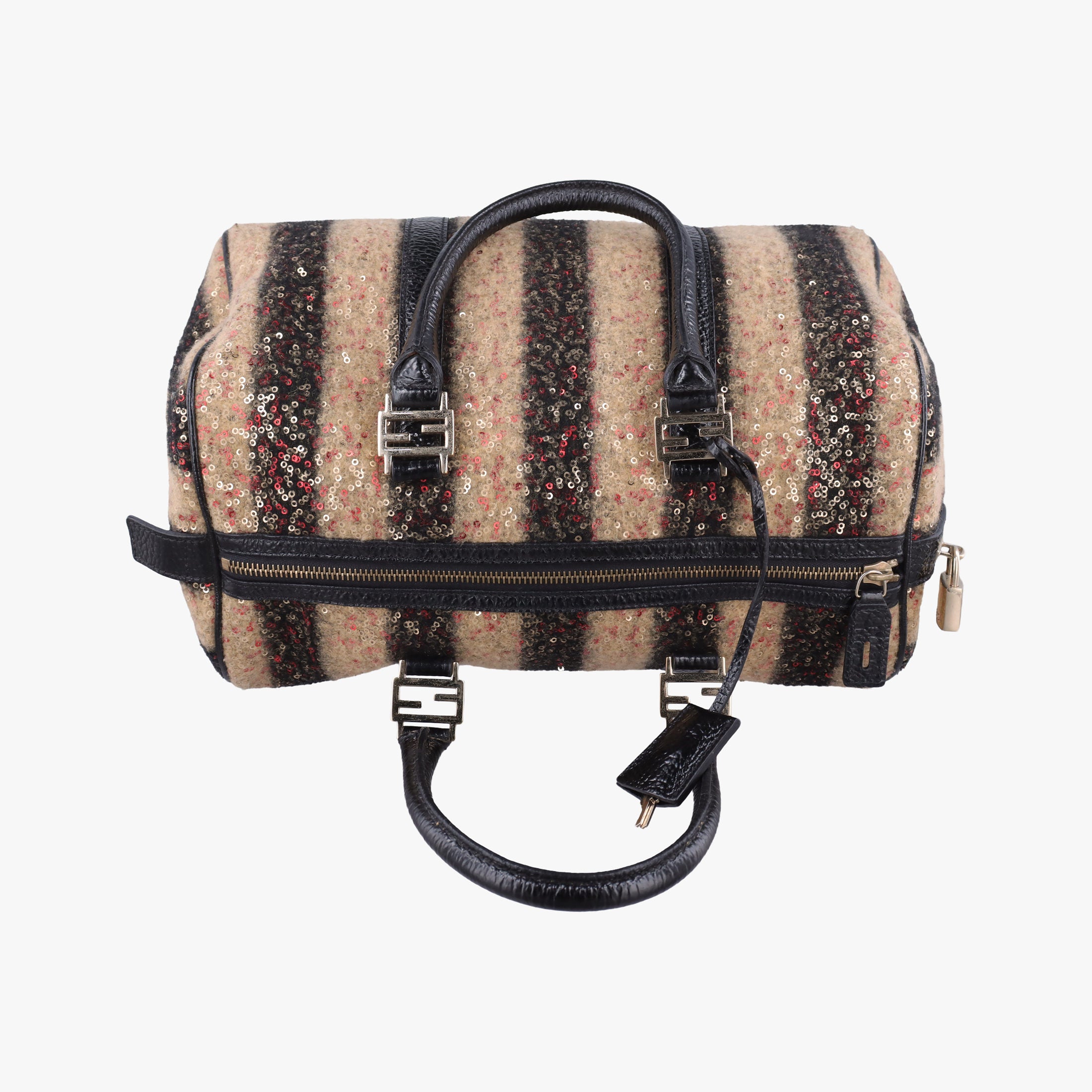 Pre-owned Fendi Forever Bauletto Black Sequin-embellished wool striped fabric × patent 8BL098 handbag | stylenewstar
