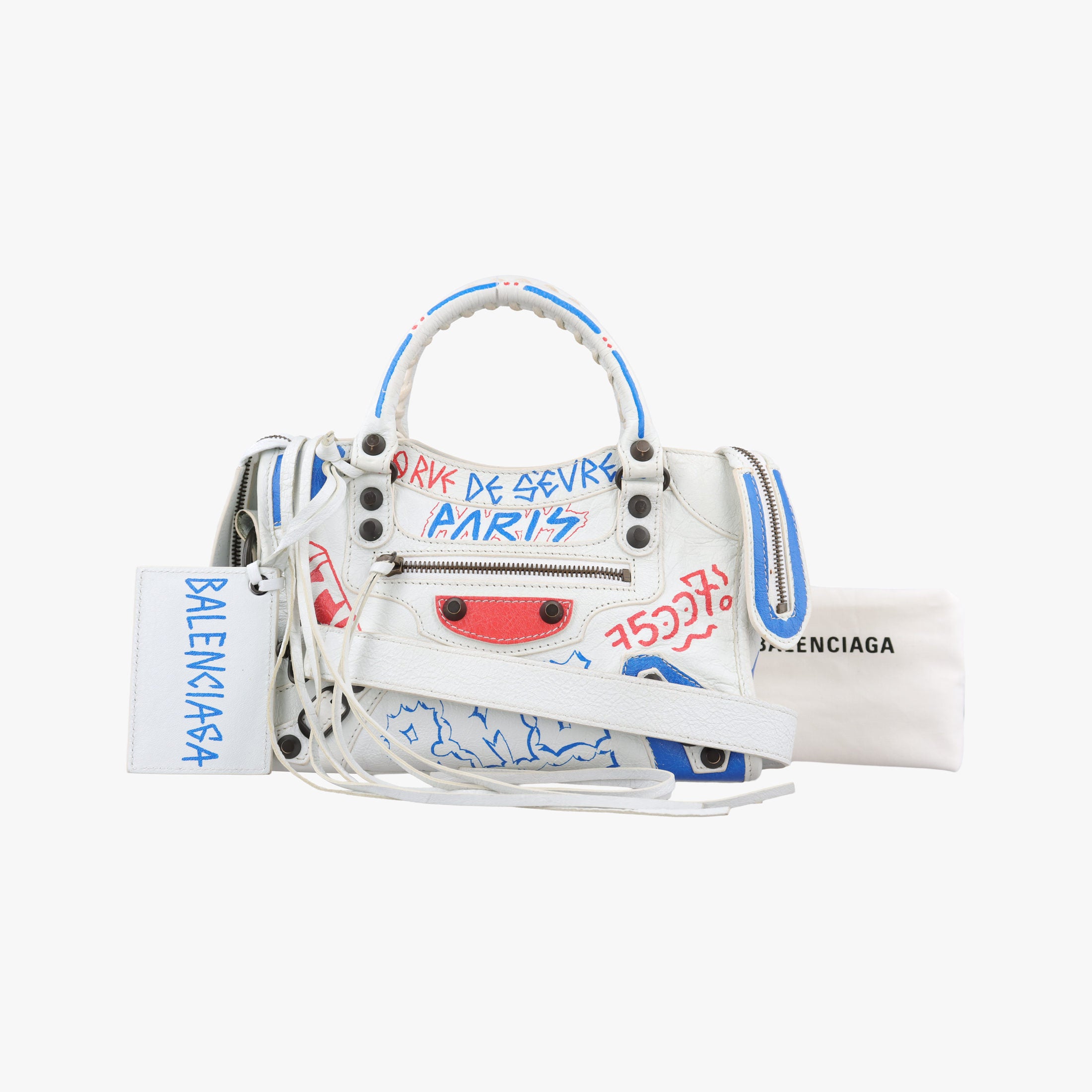 Pre-owned Balenciaga Classic Mini City Graffiti White×Multicolor Arena Lambskin  300295 shoulderbag | stylenewstar