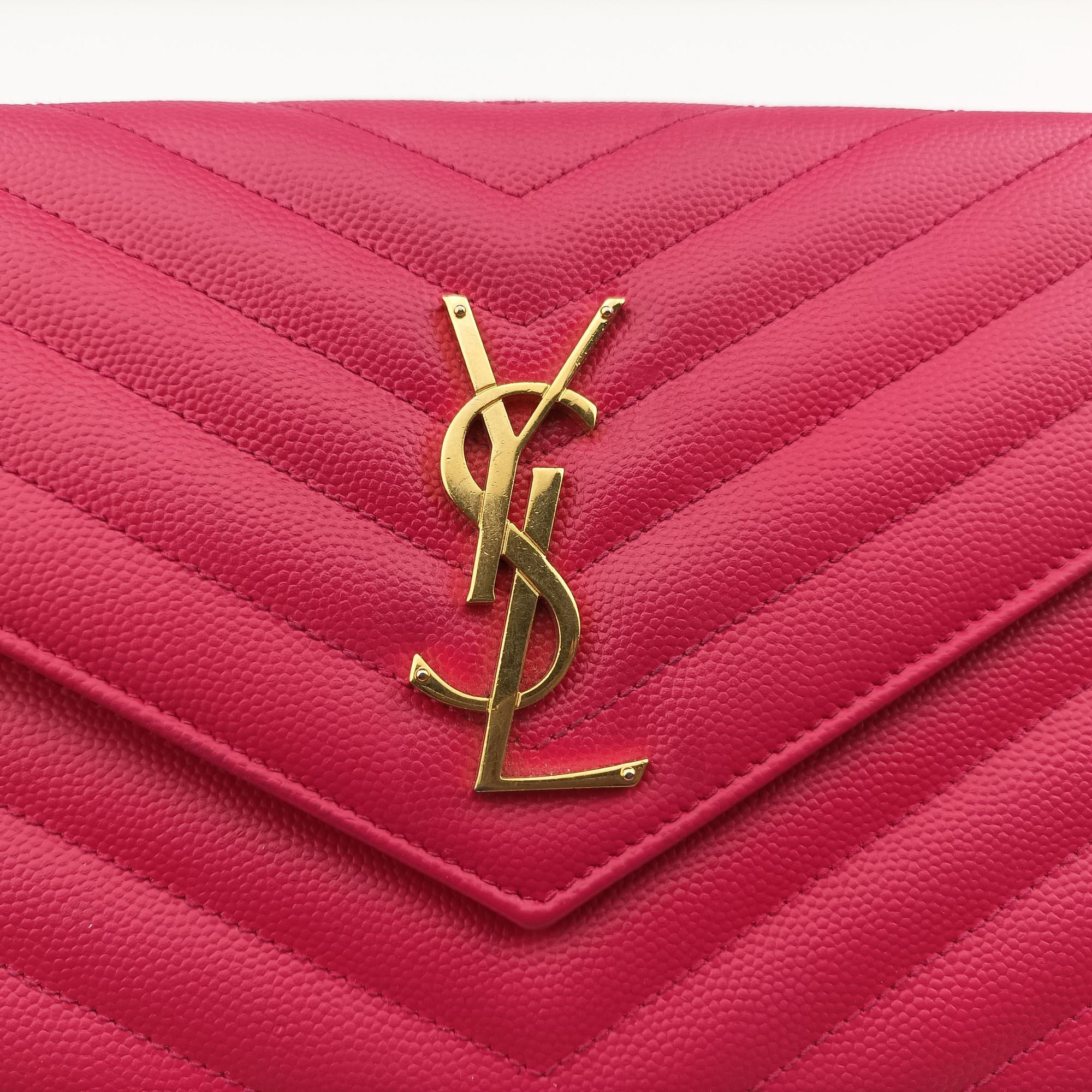 Pre-owned Yves Saint Laurent Envelope Fuchsia Grain de Poudre leather 377828 shoulderbag | stylenewstar