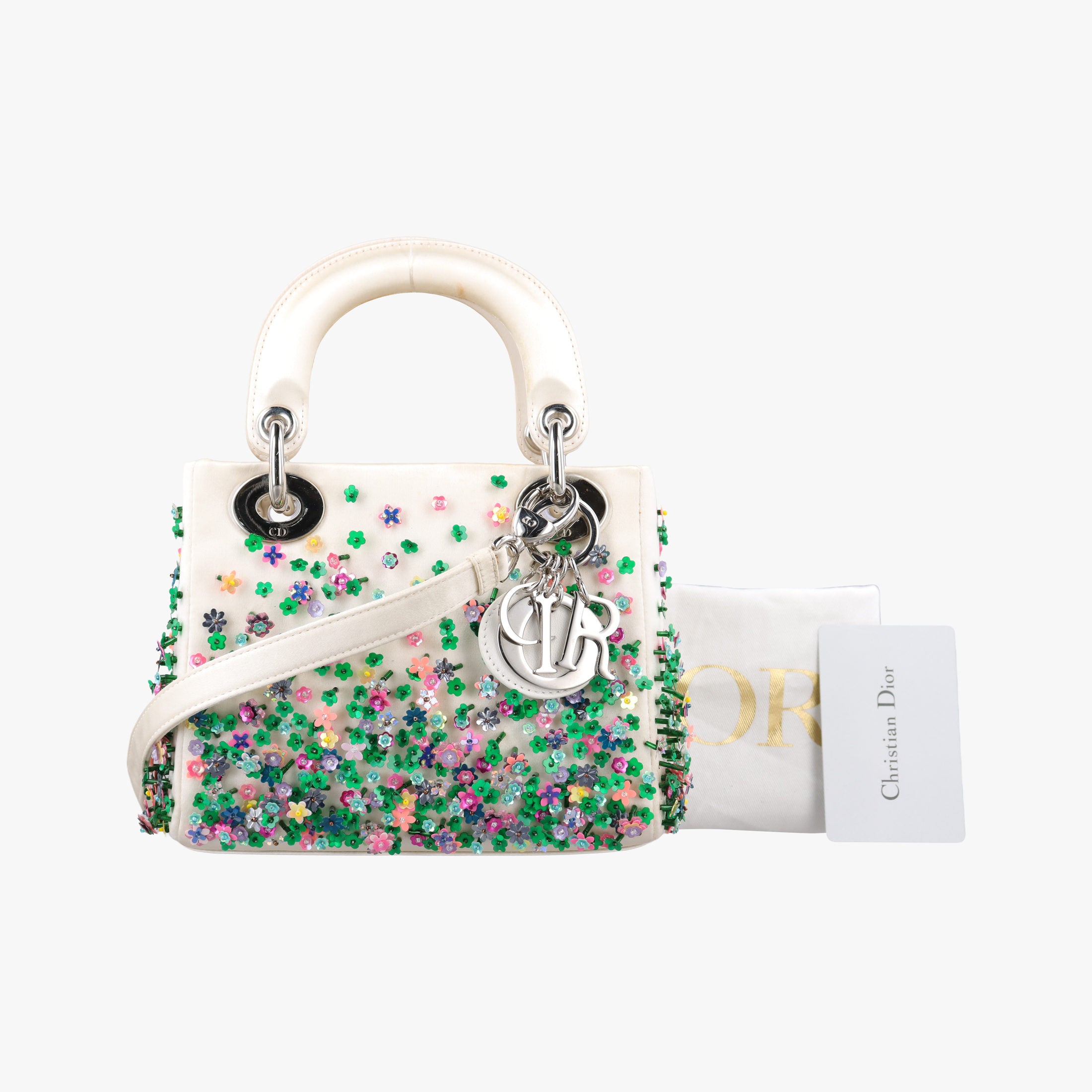 Pre-owned Christian Dior Lady Dior White×Multicolor Satin × Sequin × Bead Embellishments  shoulderbag | stylenewstar