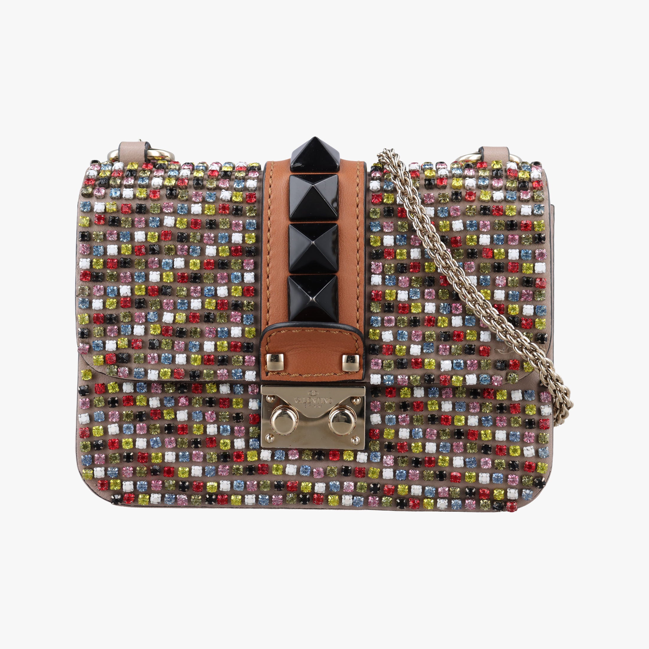 Pre-owned Valentino Glam Lock Multicolor Leather ×Crystal Embellishments  shoulderbag | stylenewstar