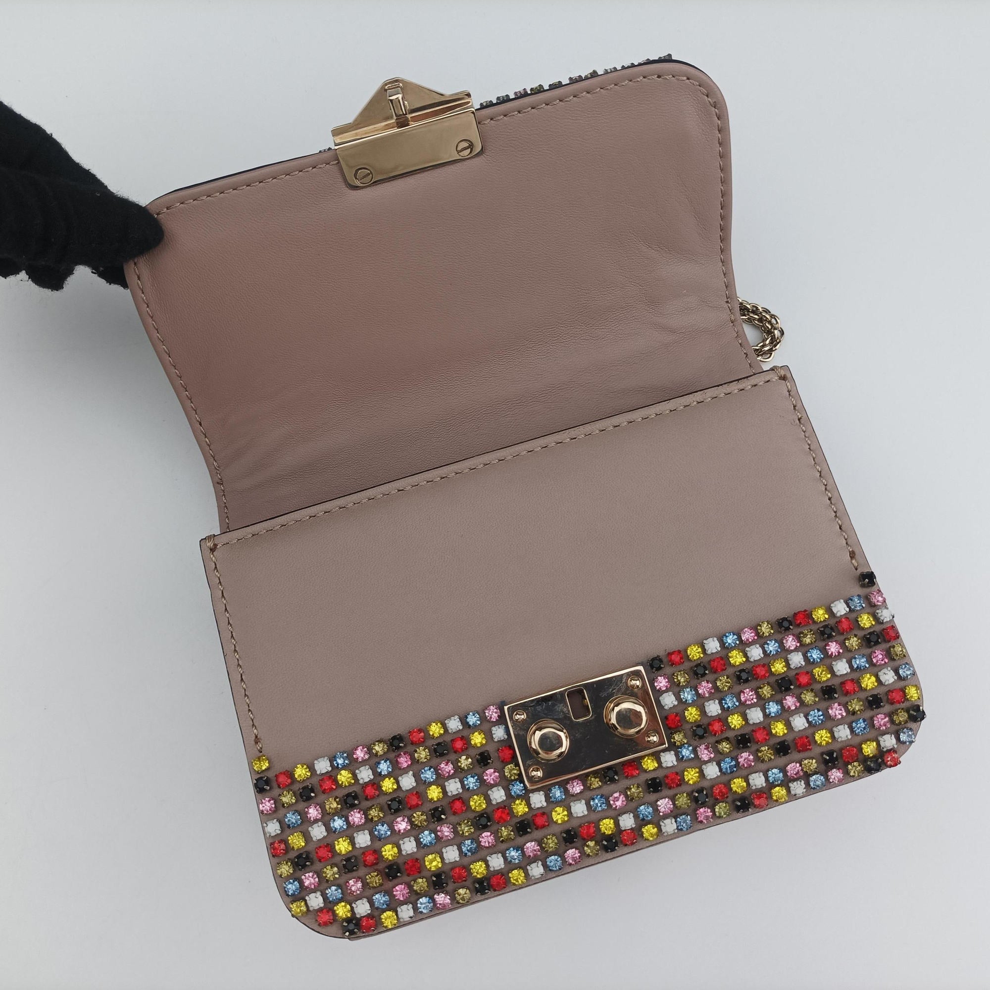 Pre-owned Valentino Glam Lock Multicolor Leather ×Crystal Embellishments  shoulderbag | stylenewstar