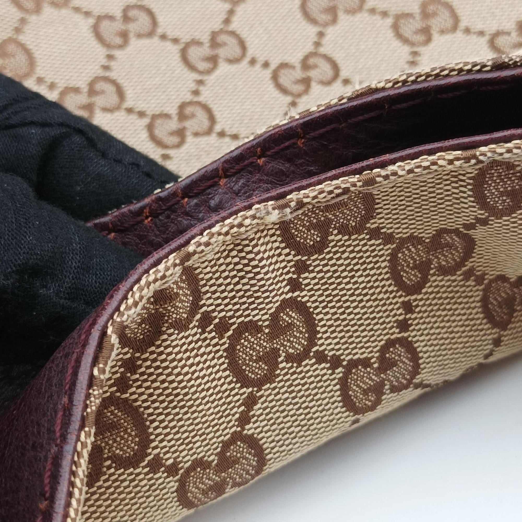 Pre-owned Gucci Charlotte BeigexBordeaux canvasxLeather 203503 shoulderbag | stylenewstar