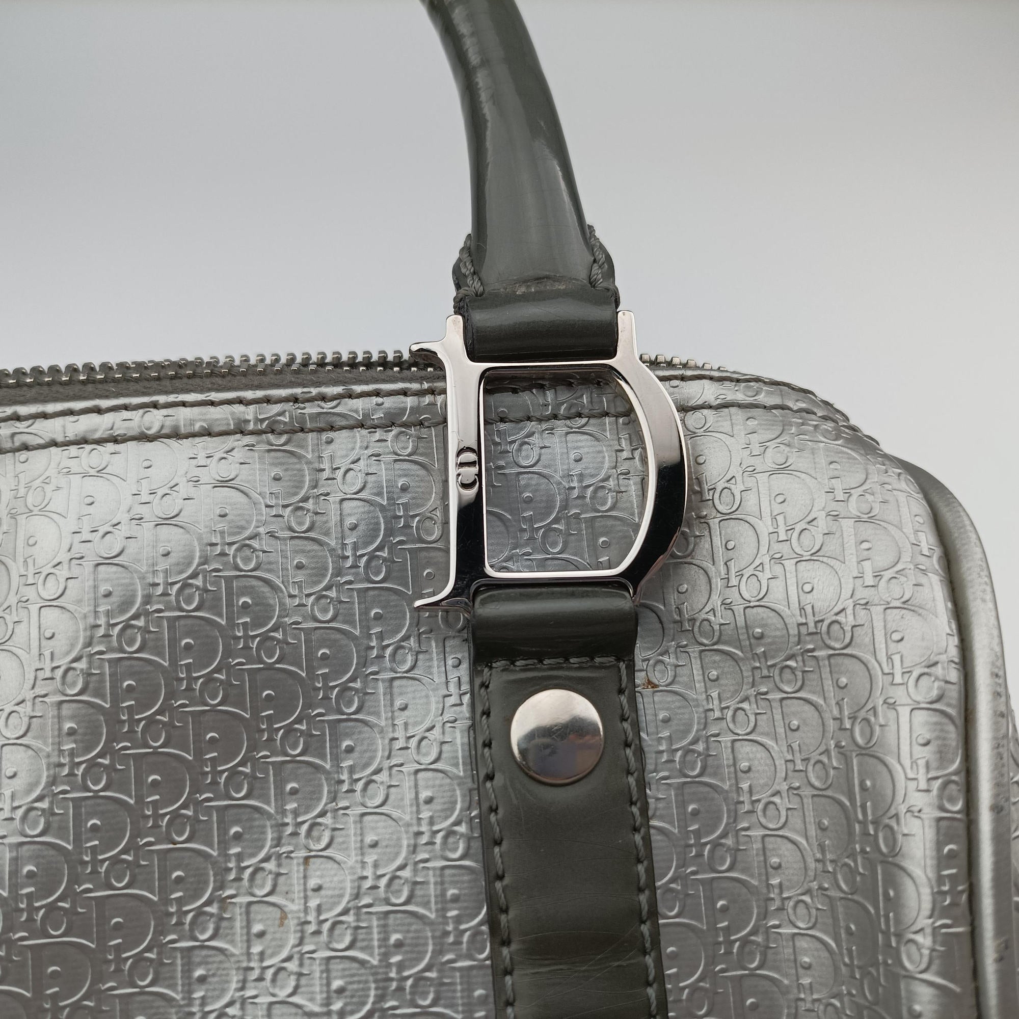 Pre-owned Christian Dior Zucchino Glitter Logo Silver × Gray Leather  handbag | stylenewstar