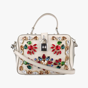 Pre-owned Dolce & Gabbana Flower Motif Rhinestone Lock WhitexMulticolour Leather  shoulderbag | stylenewstar