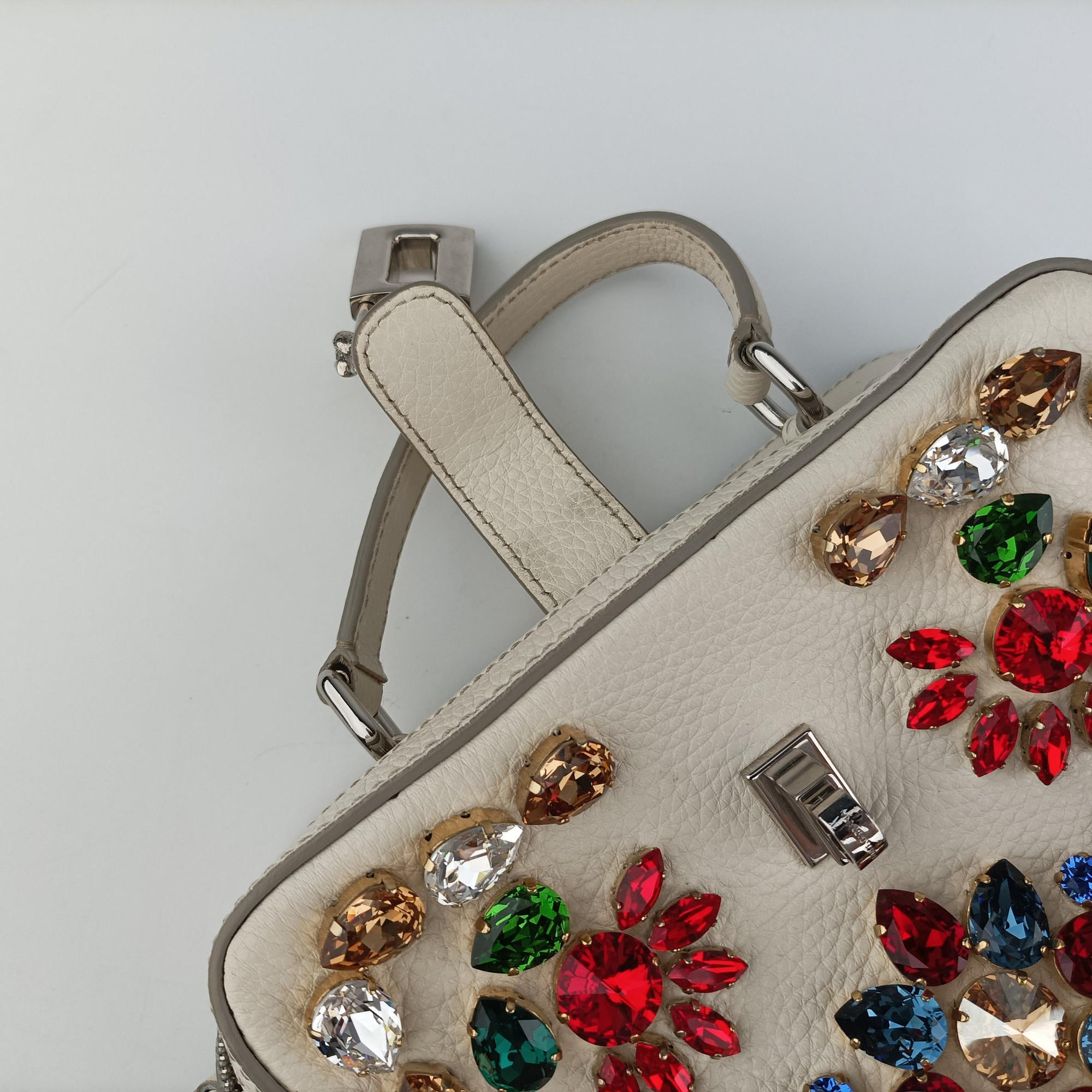 Pre-owned Dolce & Gabbana Flower Motif Rhinestone Lock WhitexMulticolour Leather  shoulderbag | stylenewstar